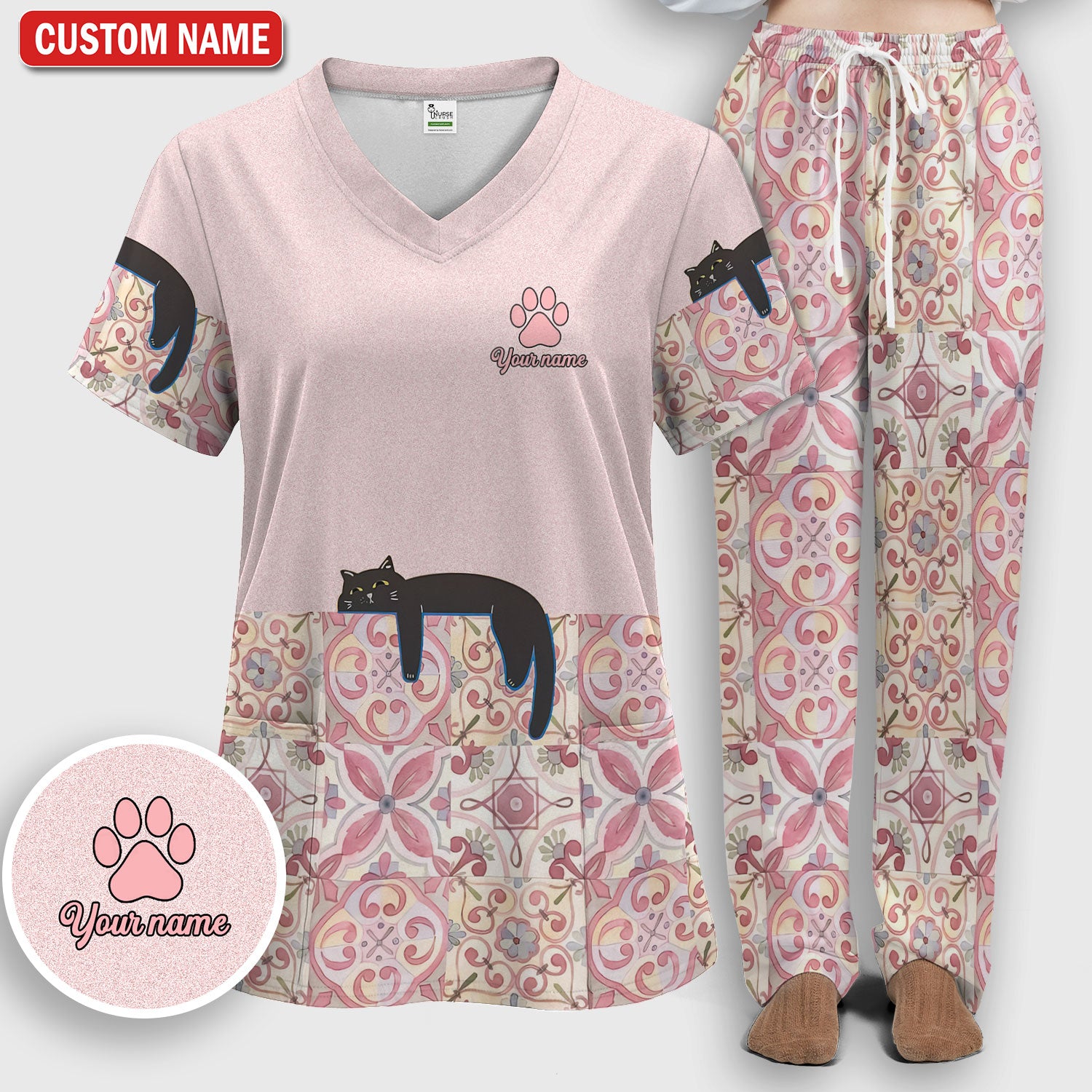 Custom Name Pink Floral Nurse Shirt, Personalized Black Cat Scrub Set For Women, Breathable Fabrics Nursing Uniform