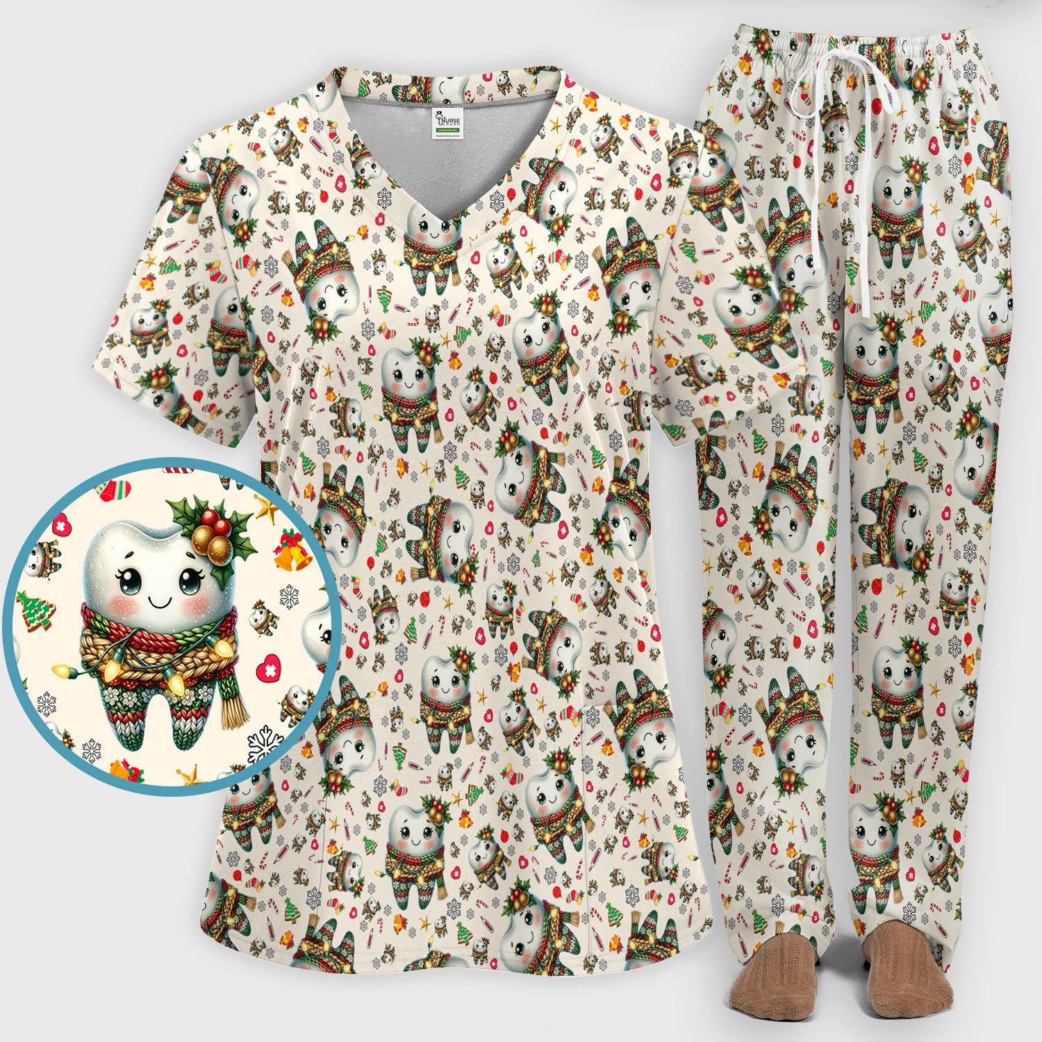 Funny Dental Christmas Scrub Set, Cute Christmas Tooth Print Scrubs Pants, Holiday Medical Uniform For Dentists and Hygienists