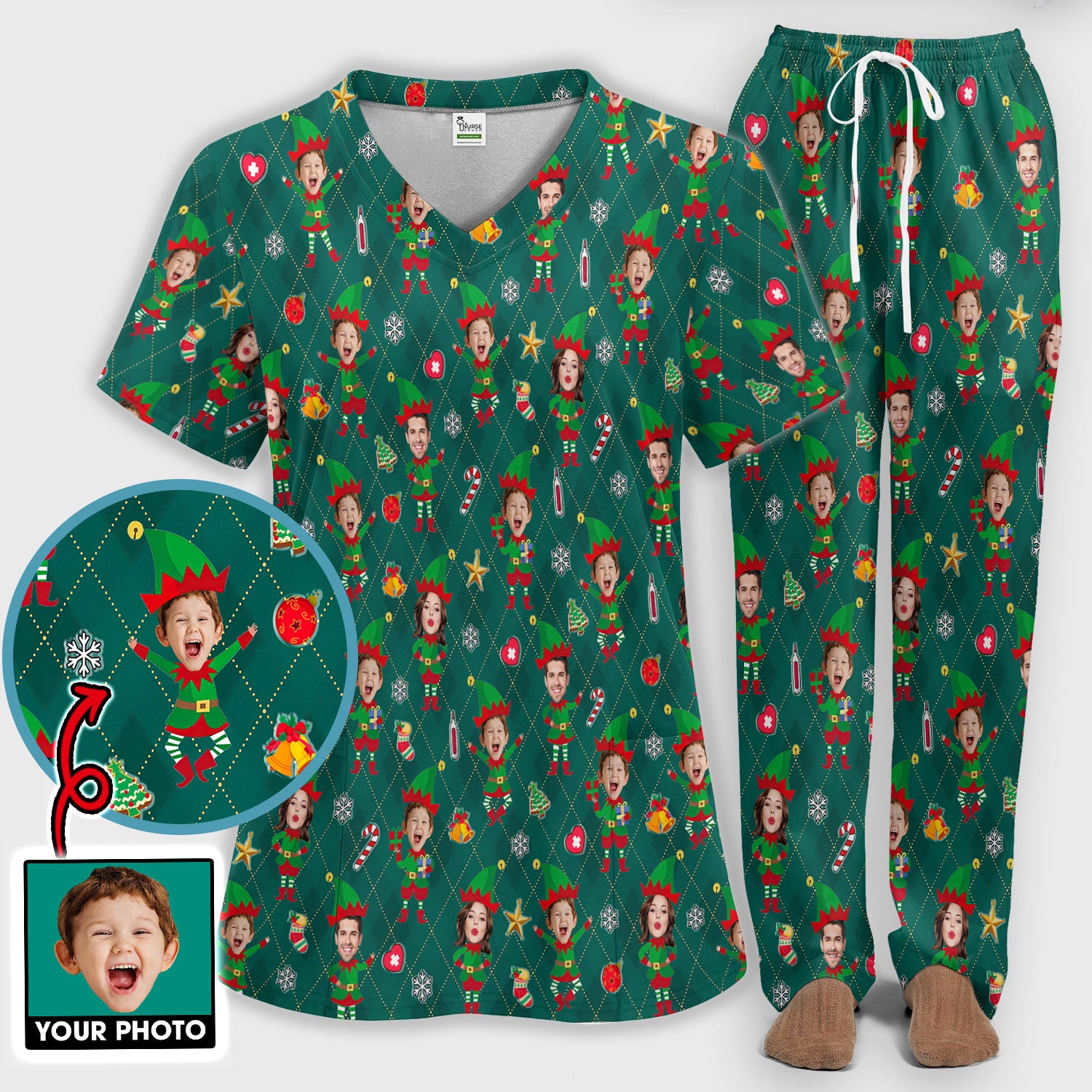 Personalized Face Nurse Uniform, Custom Photo Christmas Scrub Set, Funny Holiday Medical Uniform For Nursing