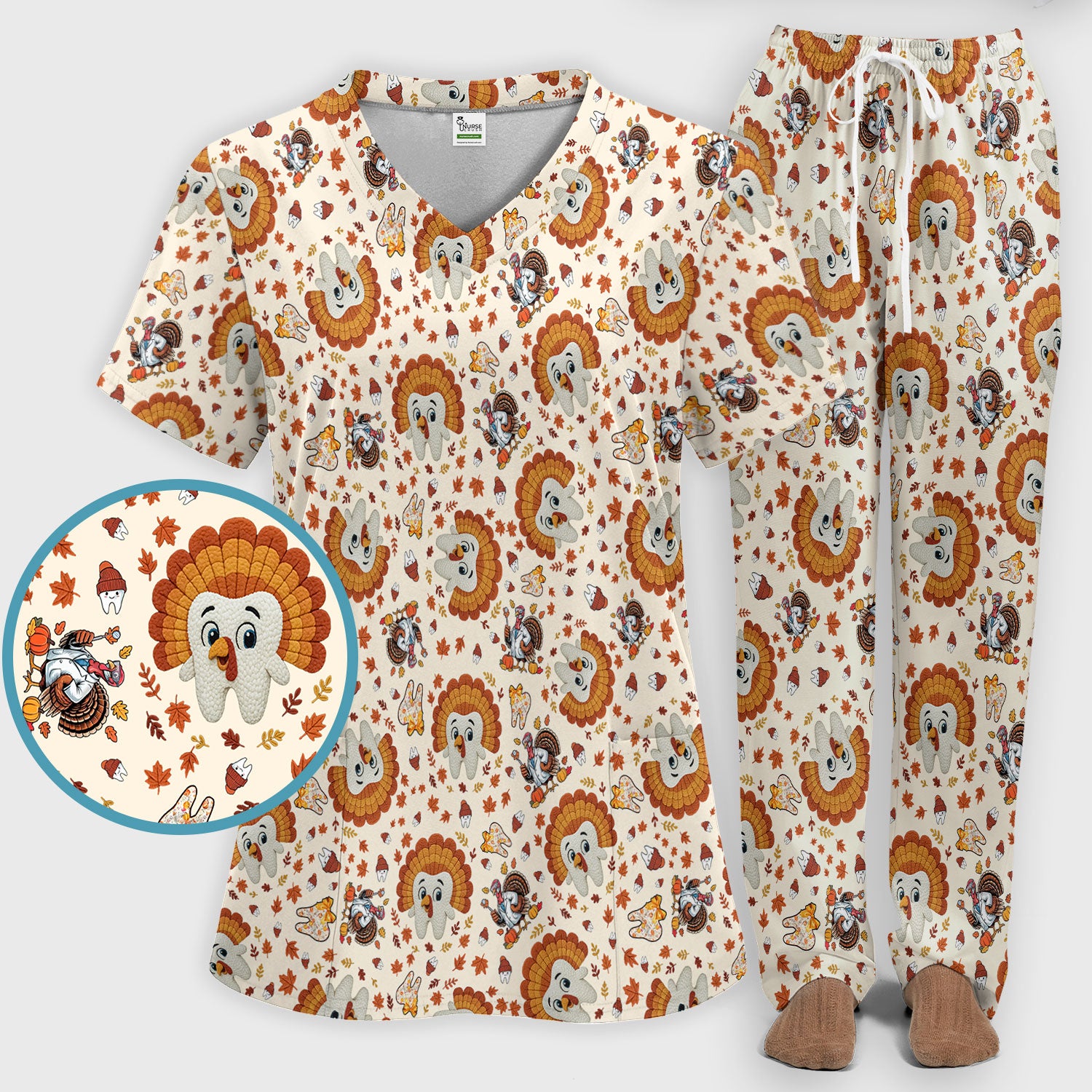 Funny Thanksgiving Tooth Scrub Set - Cute Turkey Dental Scrubs Pants and V Neck Top - Fall Medical Uniform for Hygienists & Nurses