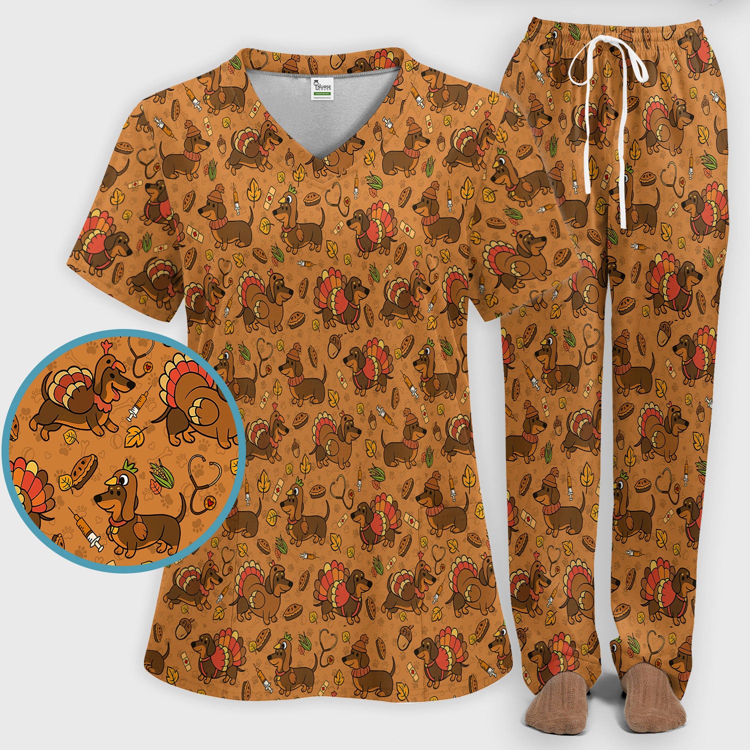 Thanksgiving Dachshund Scrubs Set - Cute Dog Turkey Medical Uniform for Nurses - Funny Holiday Gift for RN CNA LPN