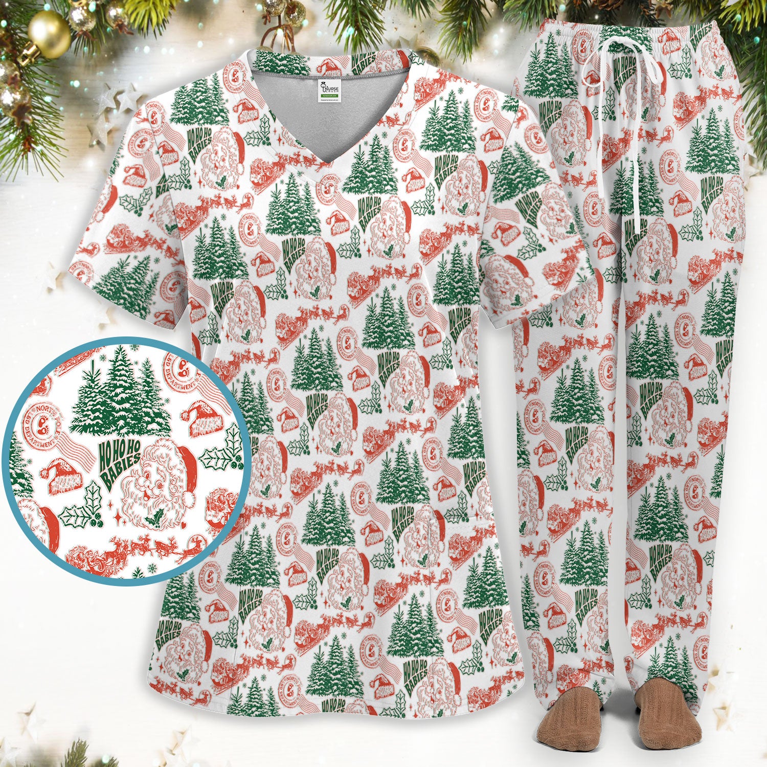 Christmas Santa Scrub Set, Vintage Holiday Nurse Shirt, Festive Medical Uniform For Nursing