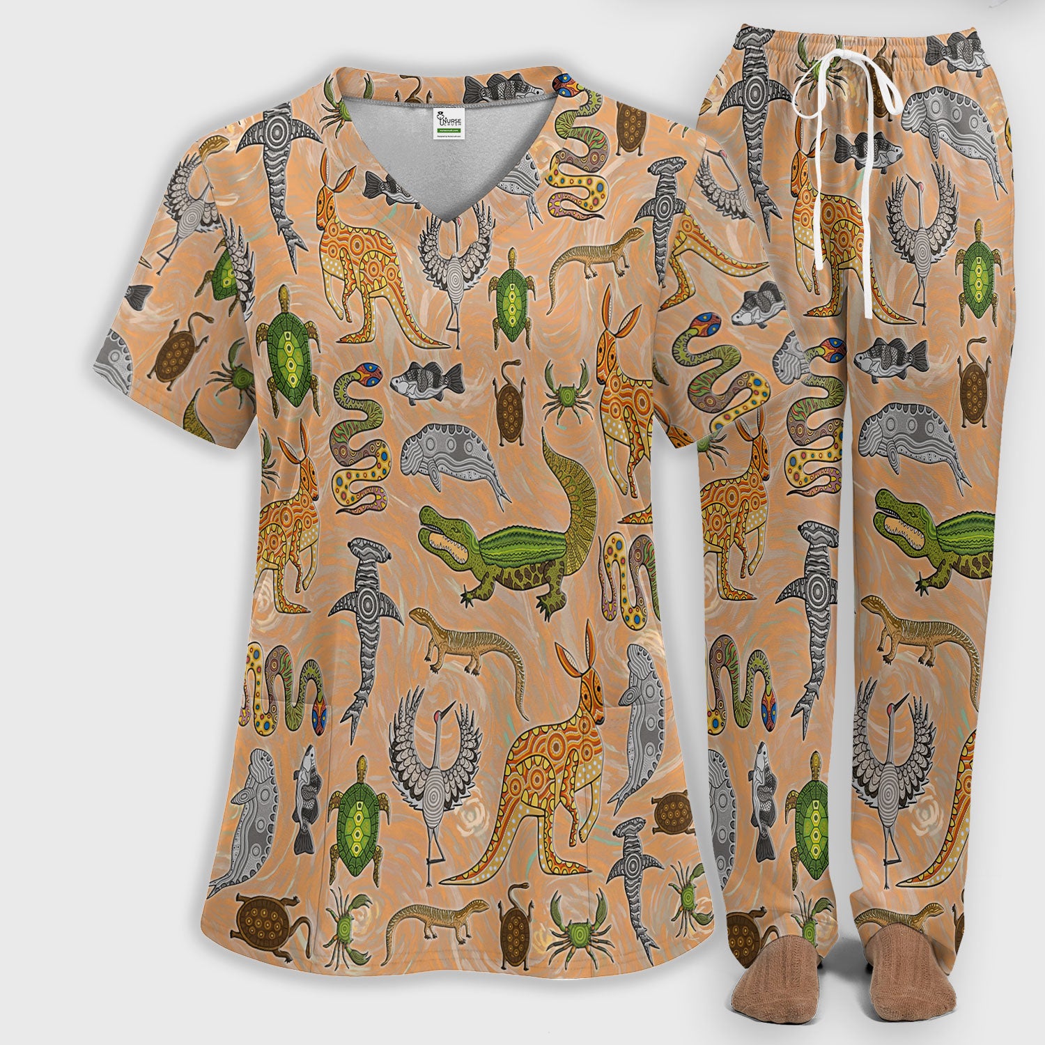 Crocodile Turtle Snake Animal Pattern Scrub Set, Women’s Scrub Sets V Neck Top