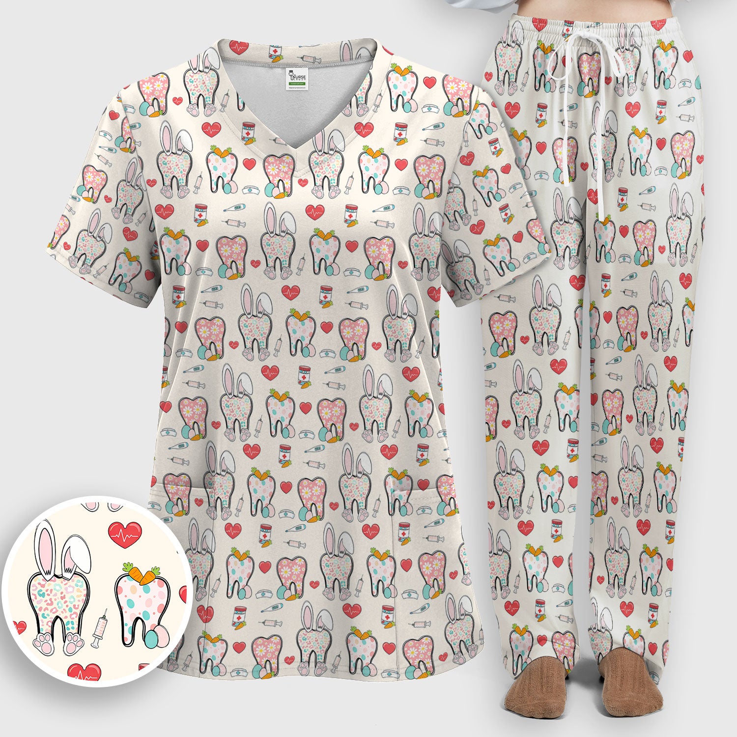 Playful Bunny Dentist Illustration Medical Set, Scrub Pants and V Neck Top
