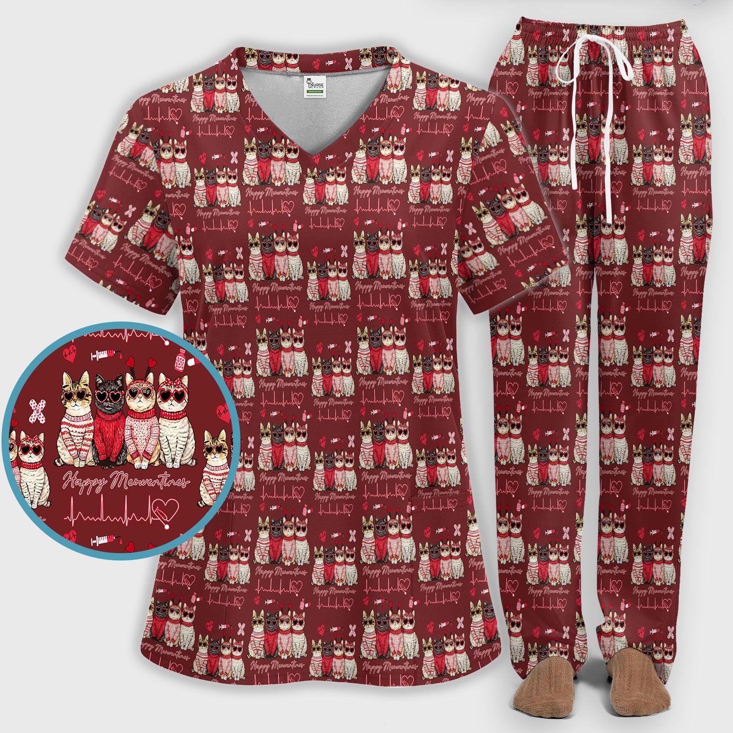 Happy Meowtines Cat Pattern Scrub Set, Valentine Cat Lover Nurse Scrub Shirt, Heartbeat Medical Pattern Nursing Uniform