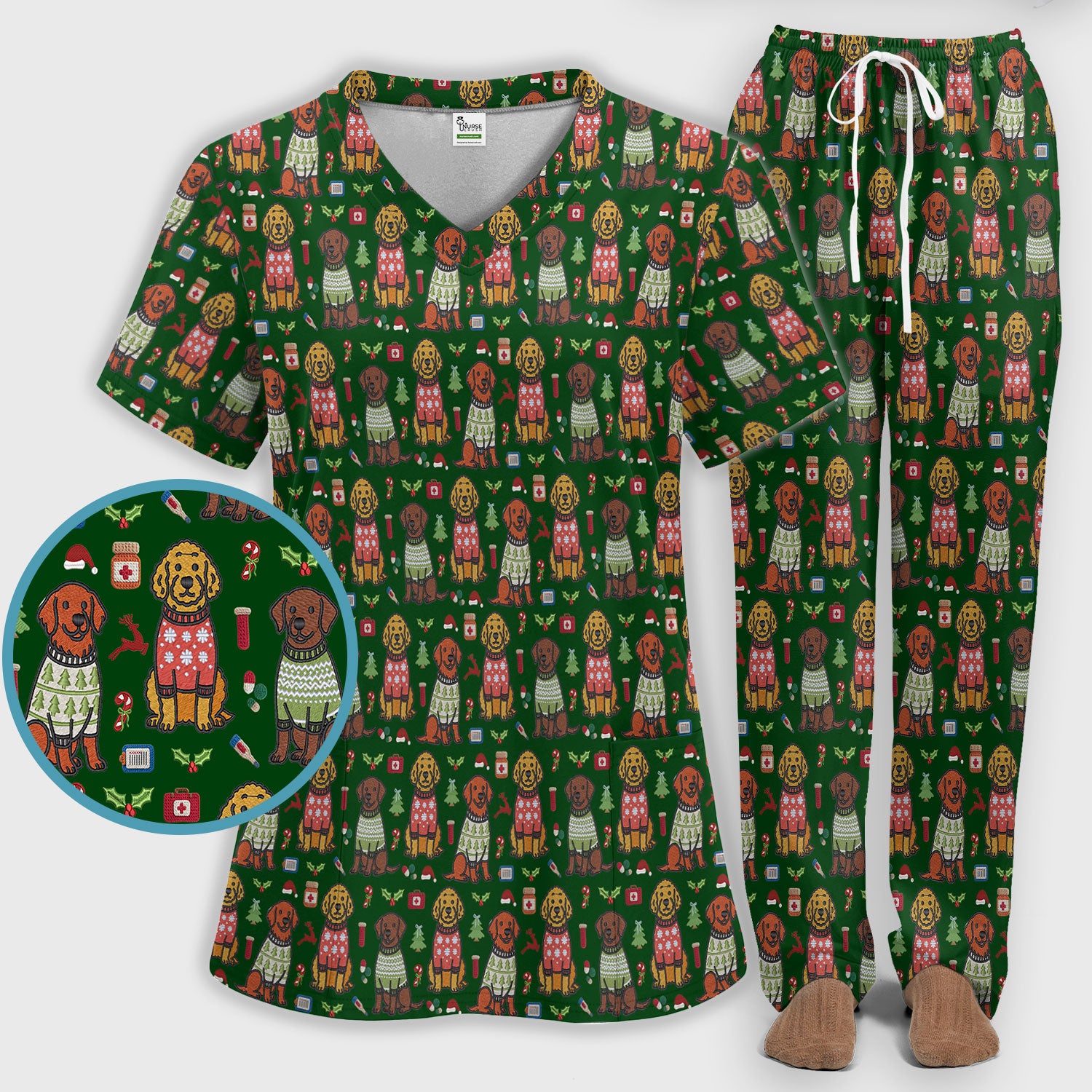 Golden Retriever Christmas Scrub Set, Cute Holiday Dog Nurse Pattern Shirt, Breathable Fabrics Nursing Uniform