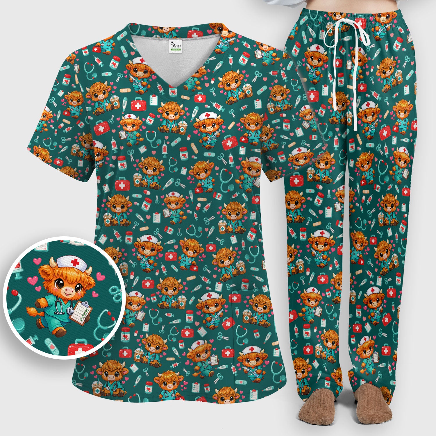 Cute Highland Cow Nurse Scrub Set, Kawaii Medical Pattern Shirt, Breathable Fabrics Nursing Uniform