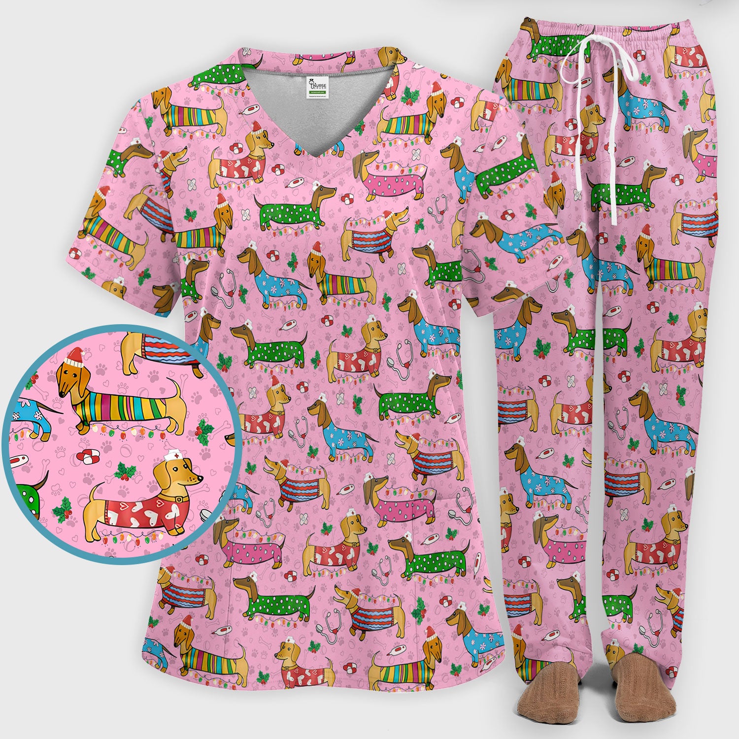 Christmas Dachshund Scrub Set for Nurses - Cute Wiener Dog in Holiday Outfit - Funny Medical Uniform Gift for Women RN LPN CNA