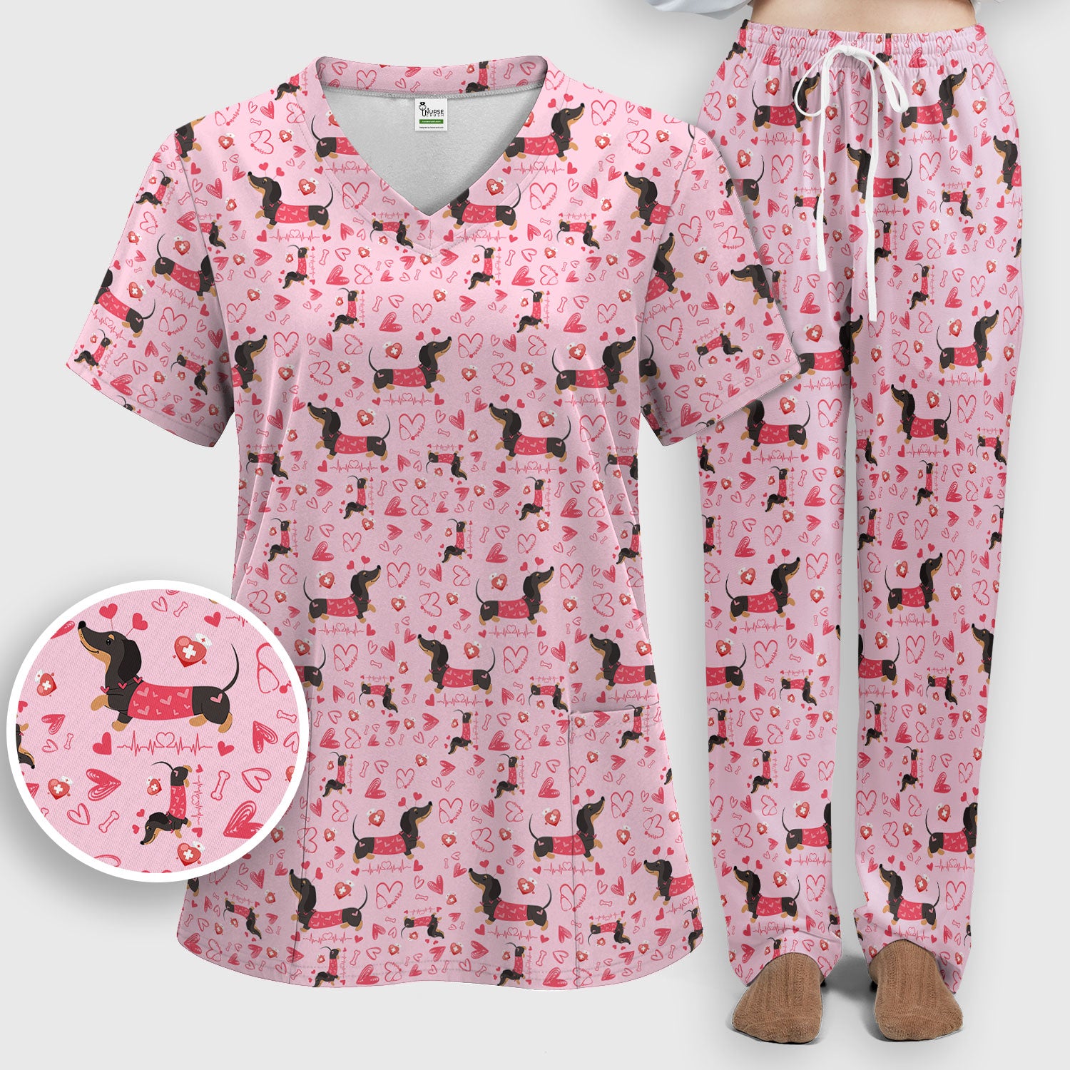 Dachshund Valentine Scrub Set, Cute Wiener Dog Heart Pattern Nurse Shirt, Breathable Fabrics Nursing Uniform
