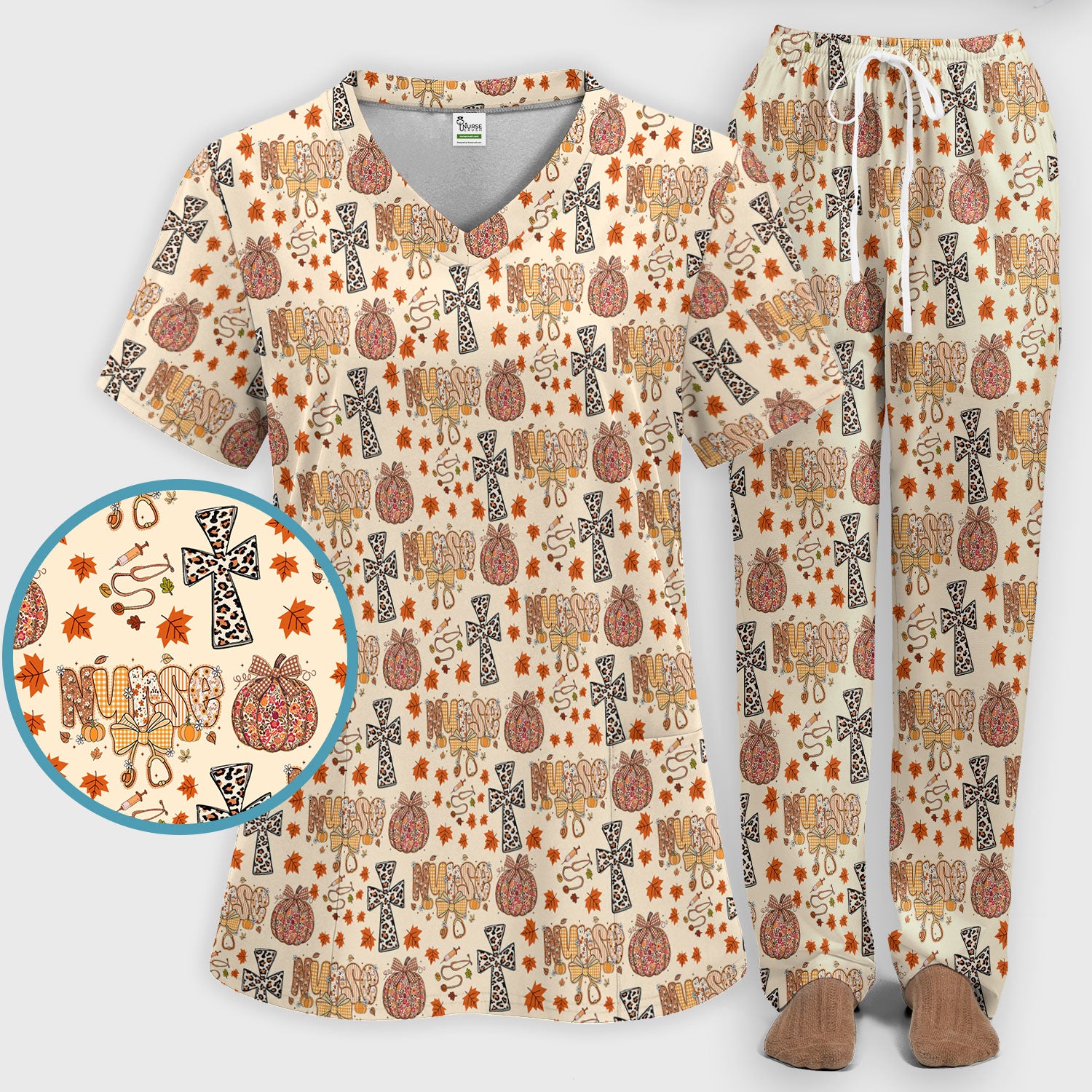 I Will Praise Him In Every Season - Boho Pumpkin Leopard Cross Fall Scrub Sets for Nurse - Thanksgiving Med Uniform for Women