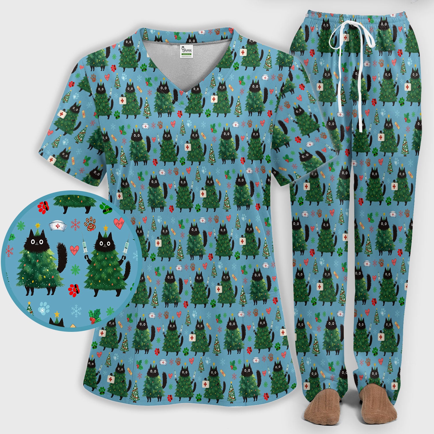 Christmas Nurse Scrub Set, Xmas Black Cat Pattern Nurse Shirt,  Breathable Fabrics Nursing Uniform
