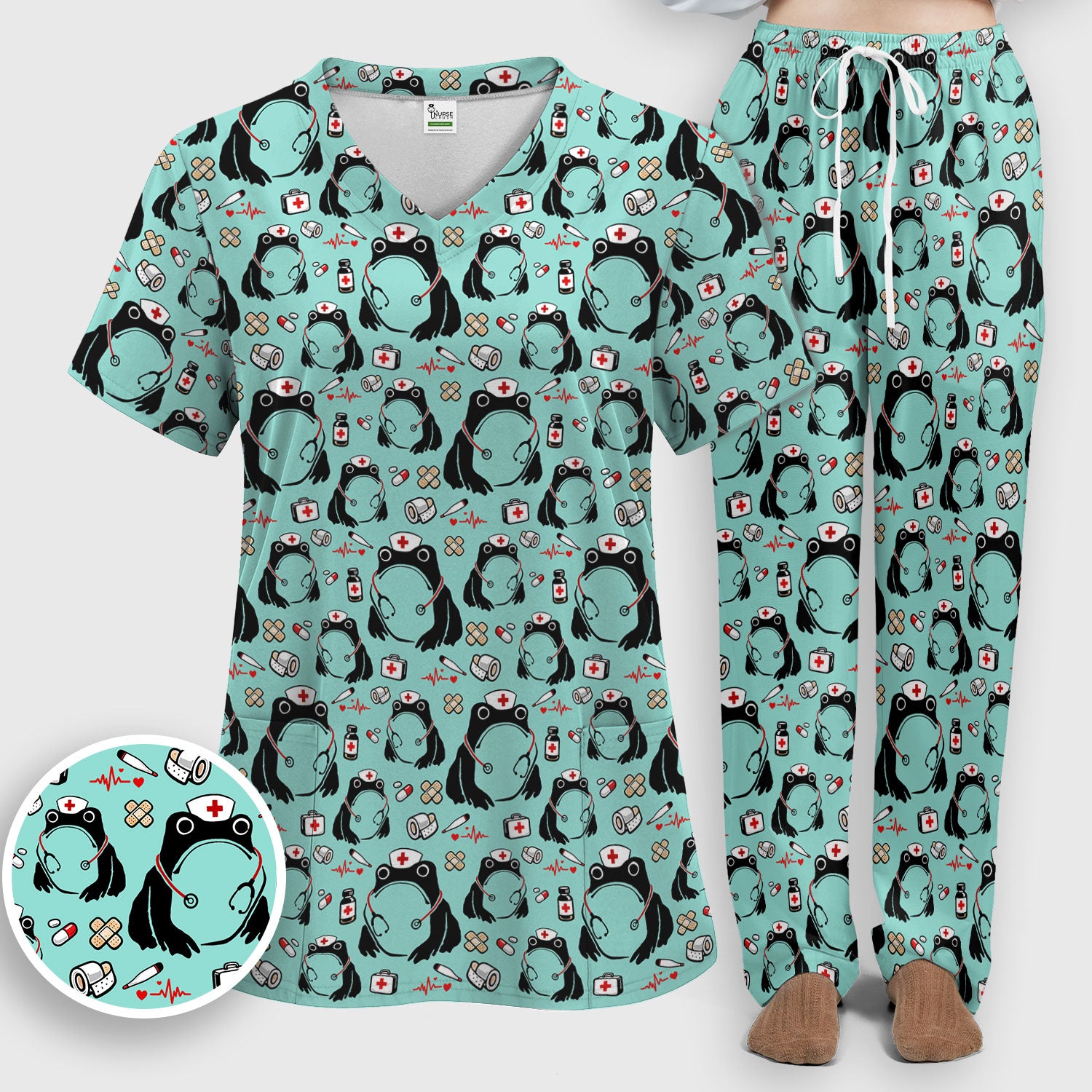 Cute Frog Nurse Medical Pattern Scrub Set, Breathable Med Uniform