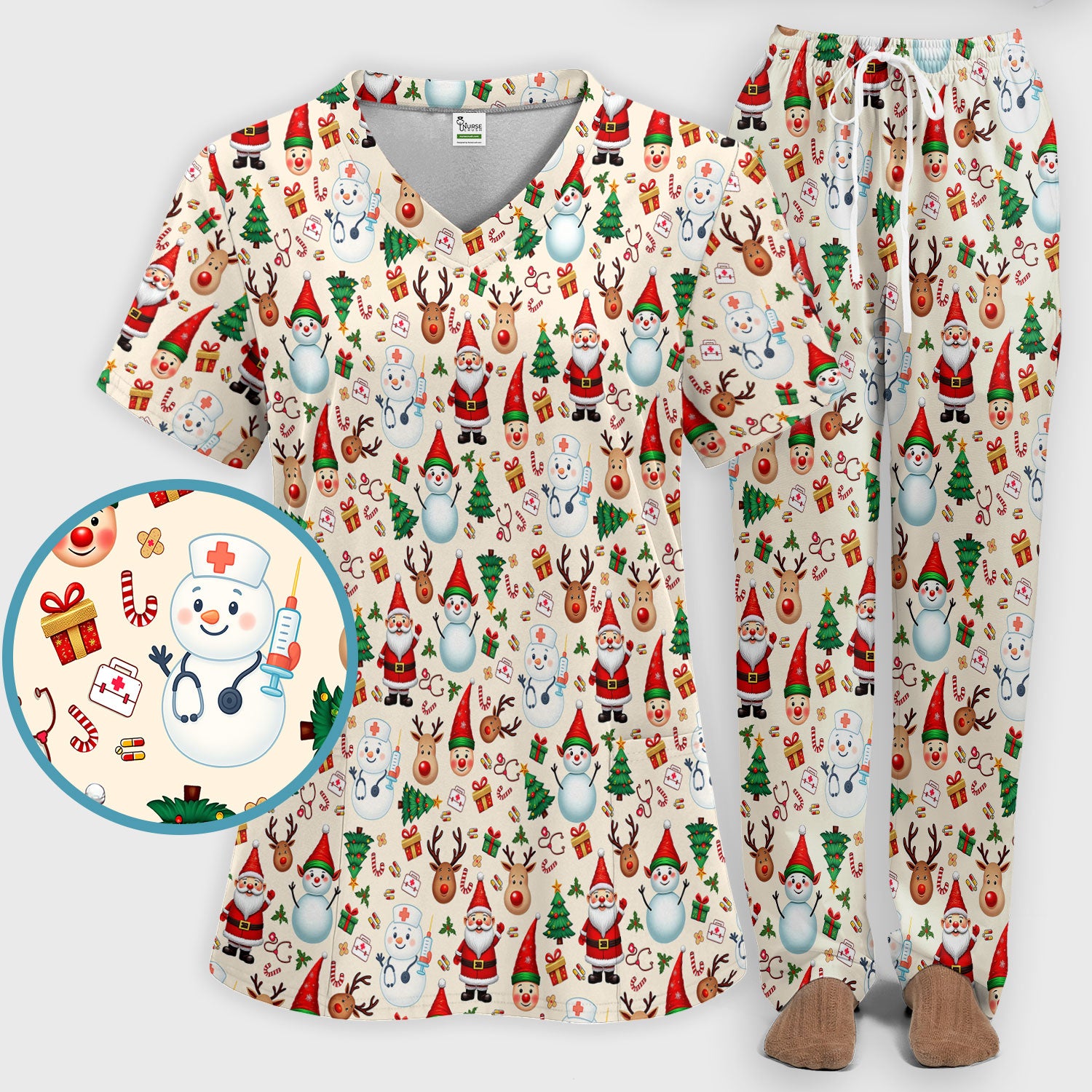 Christmas Scrub Set for Nurses - Cute Snowman Reindeer Santa Pattern - Holiday Medical Uniform RN CNA LPN Gift