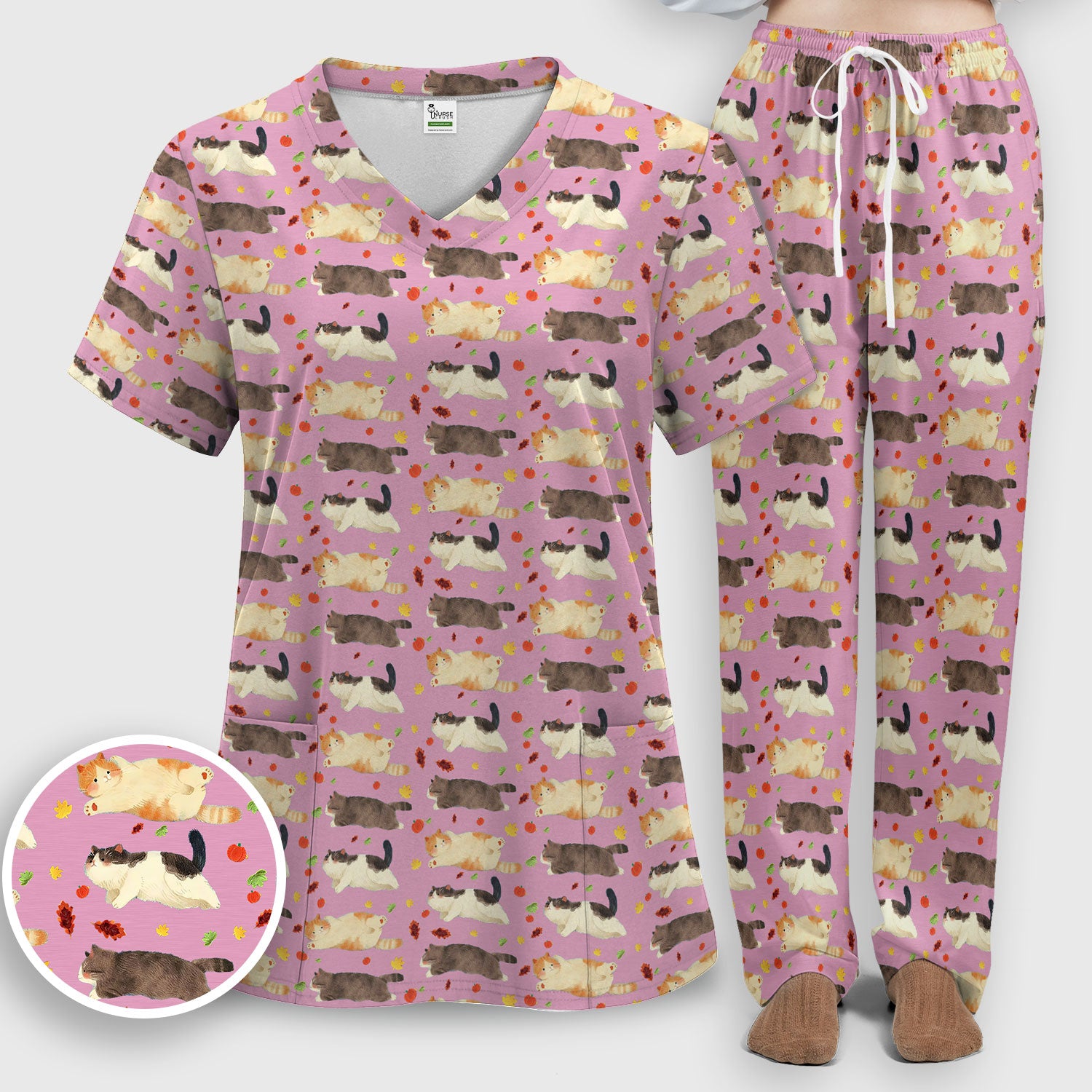 Chubby Cat Autumn Leaves Print Scrub Set, Breathable Med Uniform