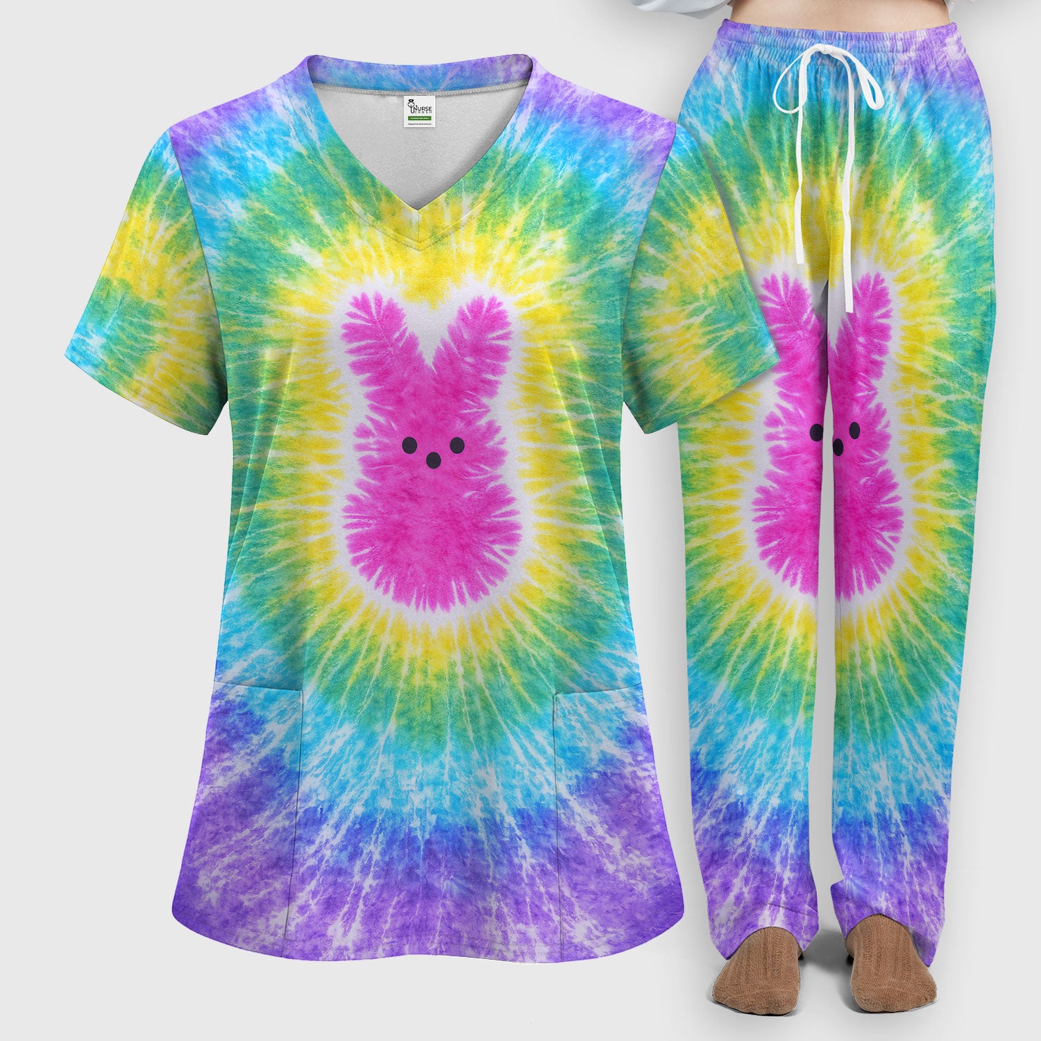 Easter Peep Tie Dye Scrub Set, Easter Bunny Nurse Shirt For Women, Breathable Fabrics Nursing Uniform