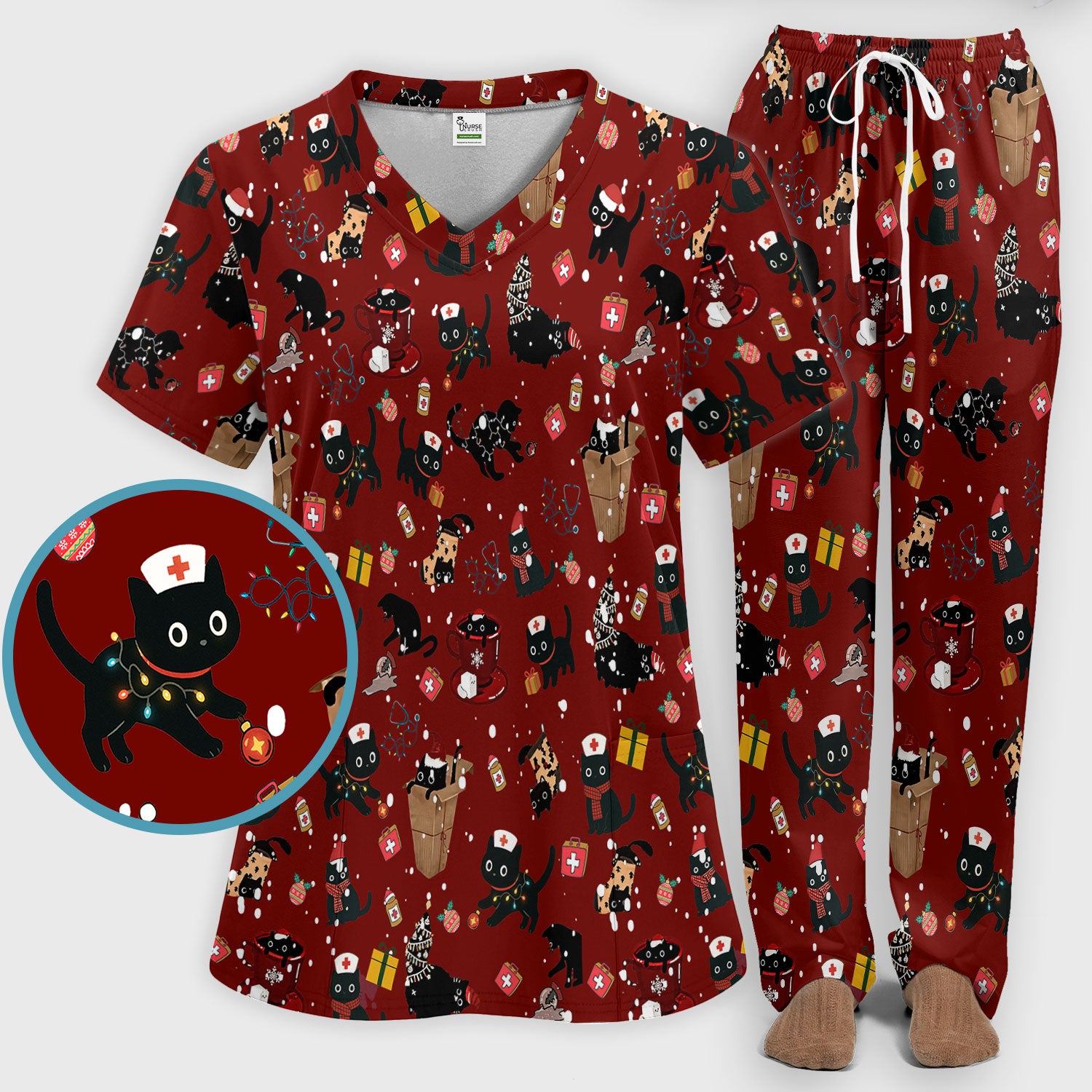 Christmas Cat Scrub Set for Nurse - Funny Black Cats Scrubs Pants and V Neck Top - Cute Holiday Medical Uniform for Women