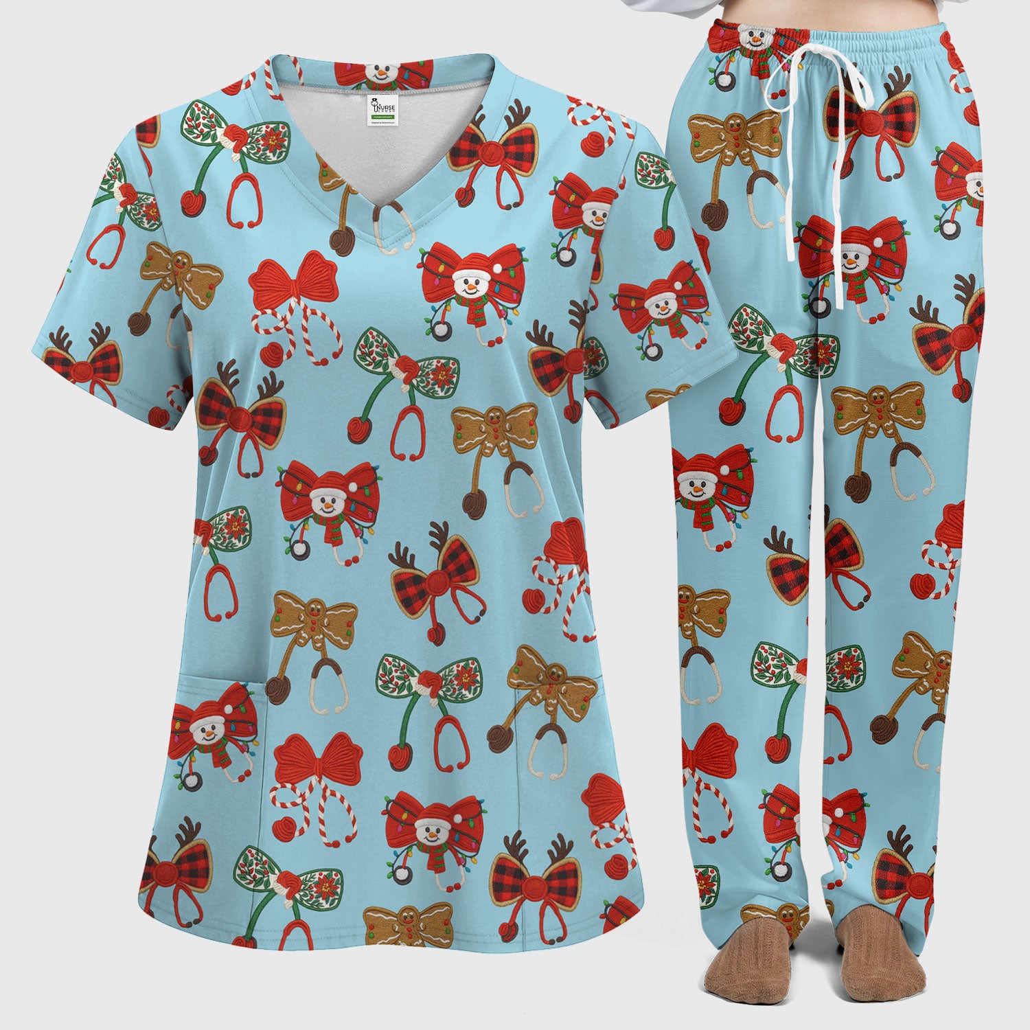 Christmas Stethoscope Bow Nurse Scrub Set, Xmas Pattern Scrub Shirt, Holiday Nursing Uniform