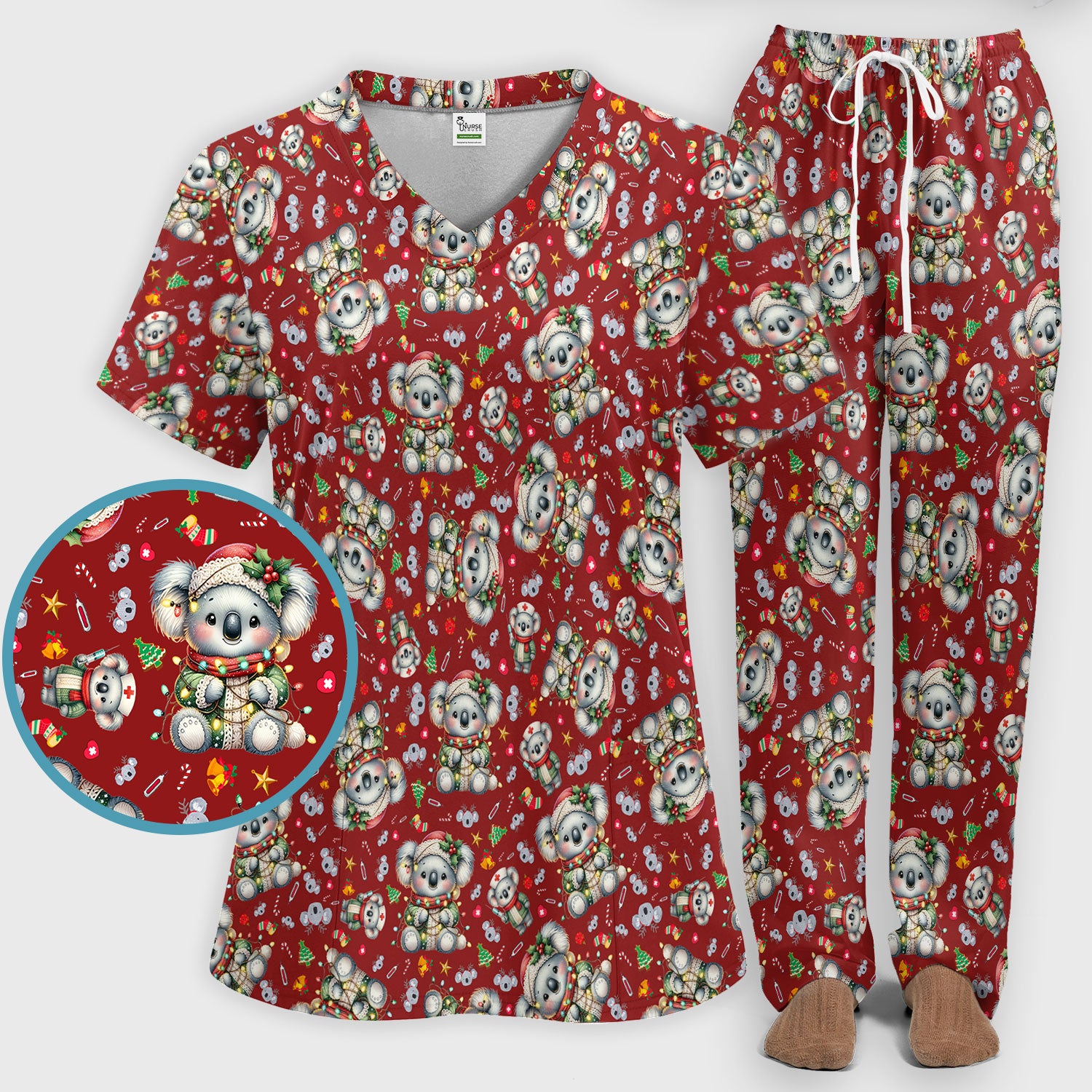 Christmas Koala Scrub Set - Cute Aussie Holiday Nursing Top and Pants - Funny Animal Medical Uniform