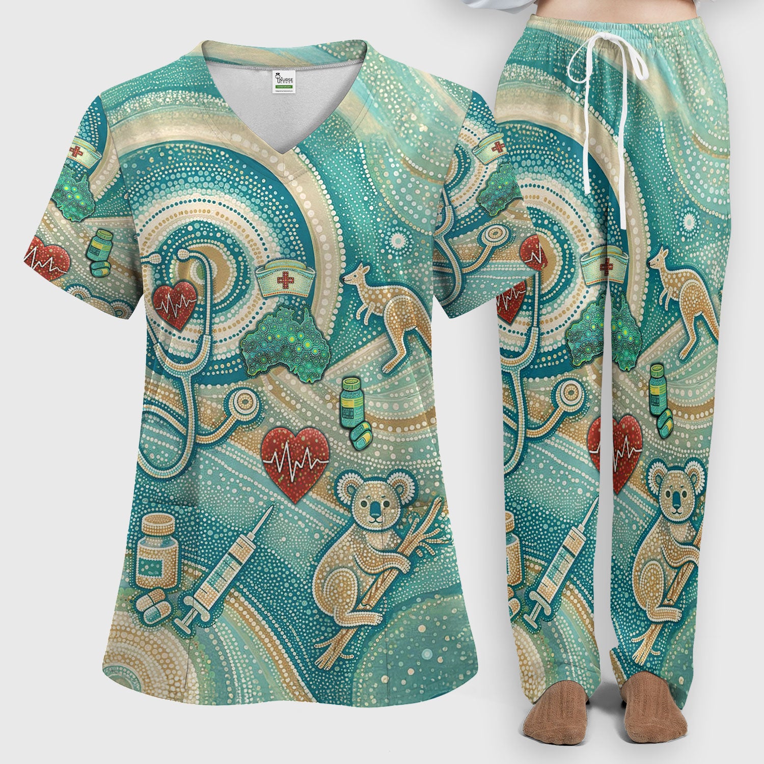 Australian Wildlife Dot Art Inspired - Koala Gangaroo Aussie Medical Scrub Set - Women Uniform