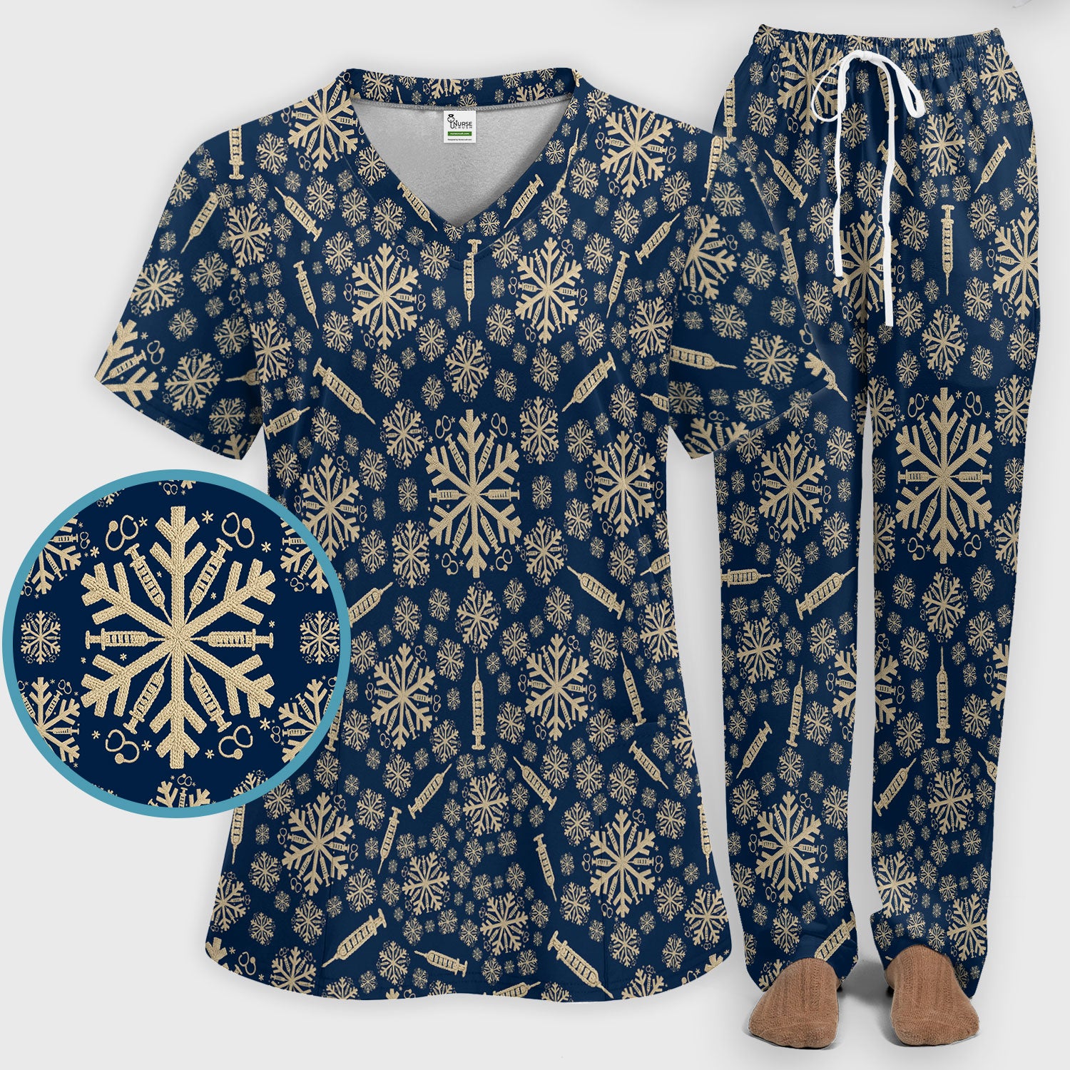 Snowflake Syringe Scrubs Pants and V Neck Top for Women - Winter Snow Medical Set - Funny Christmas Gift for Nurse