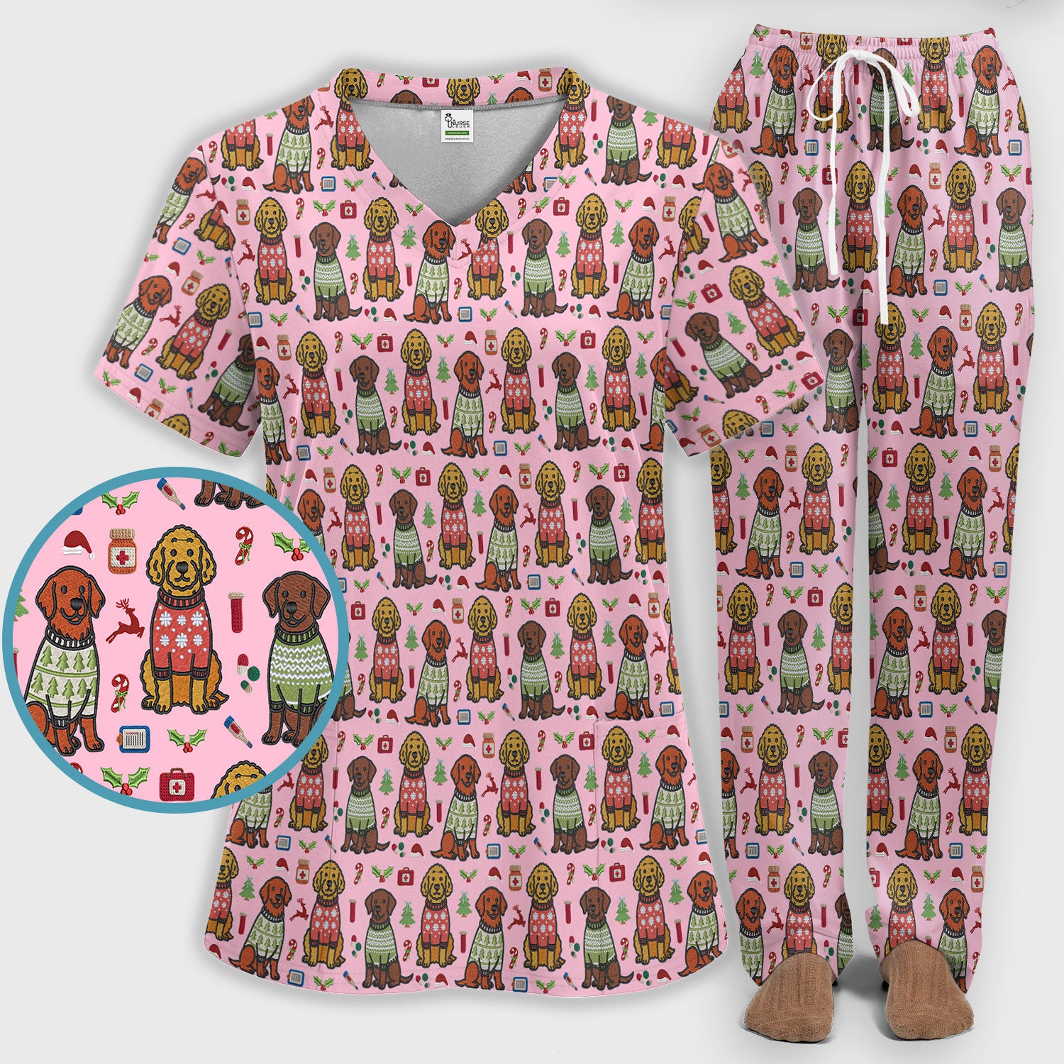 Golden Retriever Christmas Scrub Set, Cute Holiday Dog Nurse Pattern Shirt, Breathable Fabrics Nursing Uniform
