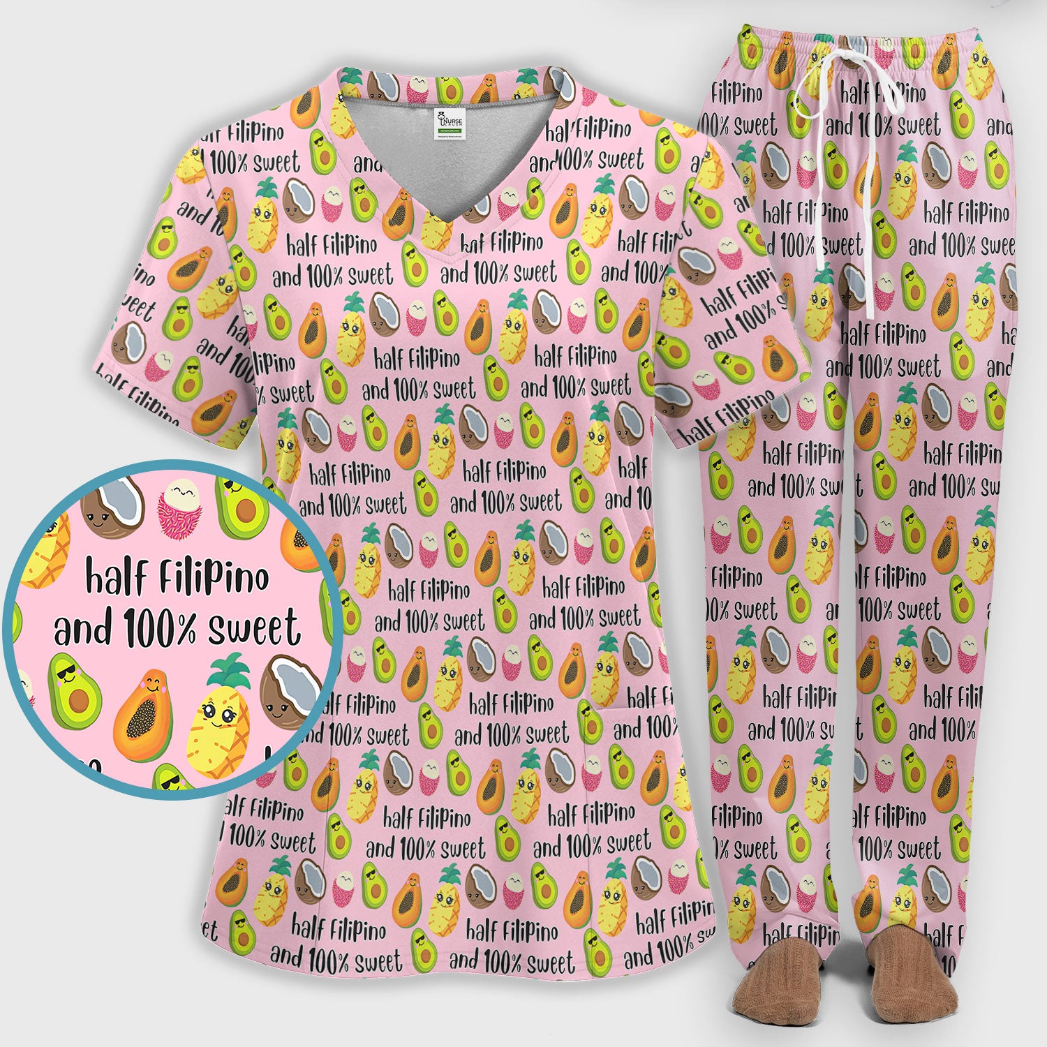 Playful Avocado Fruit Print Filipino Quote Scrub Set, Breathable Med Uniform