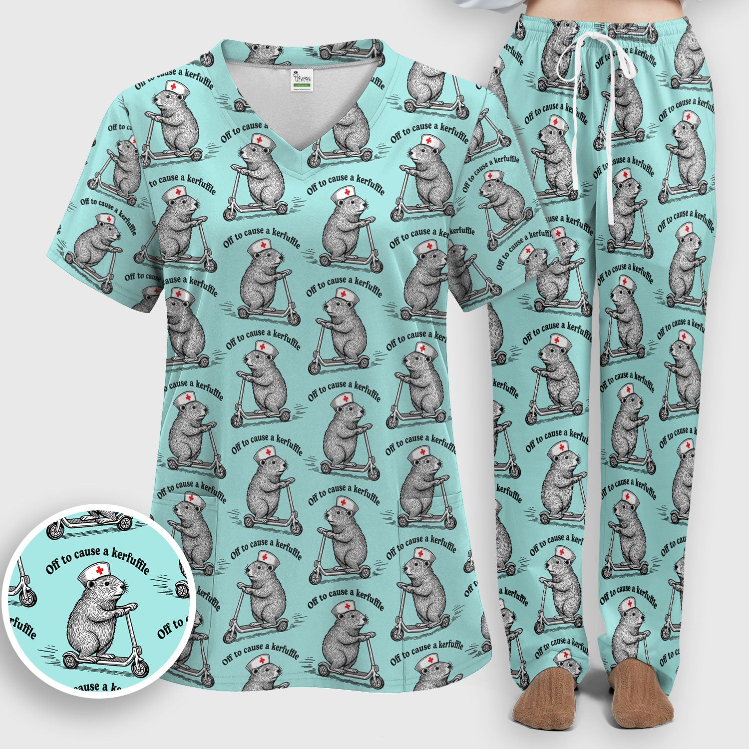 Funny Nurse Mouse Scooter Print Women's Scrub Set, Scrub Pants and V Neck Top