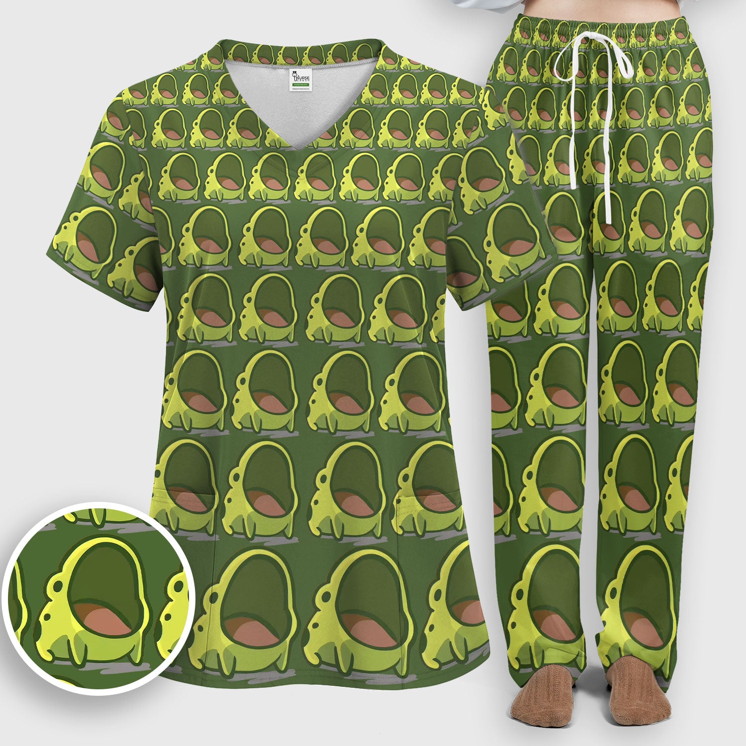 Cute Green Frog Cartoon Print Scrub Set, Scrub Pants and V Neck Top