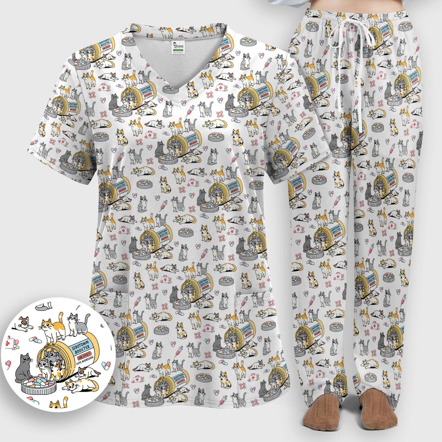 Cute Cat Serotonin Booster Pattern Women's Scrub Set, Breathable Med Uniform