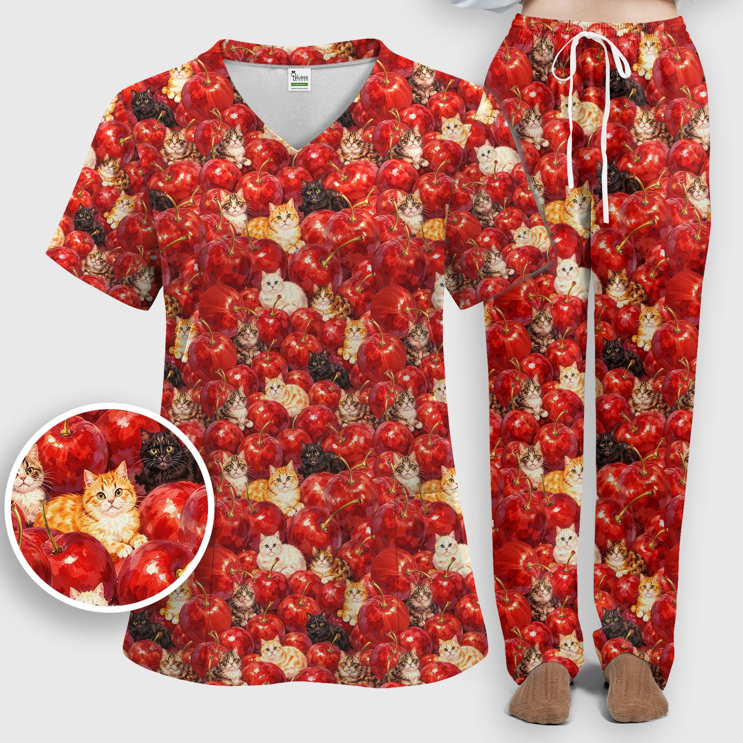 Cute Cat Cherry Pattern Scrub Set,  Scrub Pants and V Neck Top
