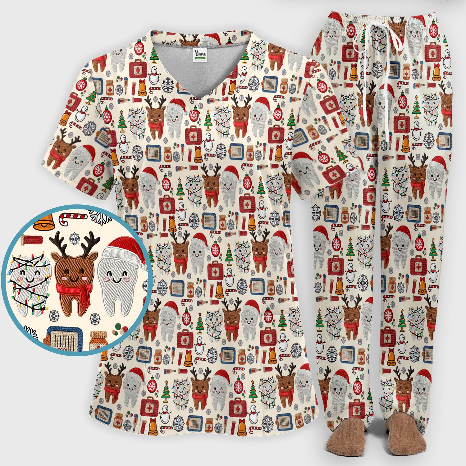 Christmas Dental Scrub Set - Cute Santa & Reindeer Tooth Pants and V Neck Top - Funny Gift for Dentists, Hygienists, Nurses