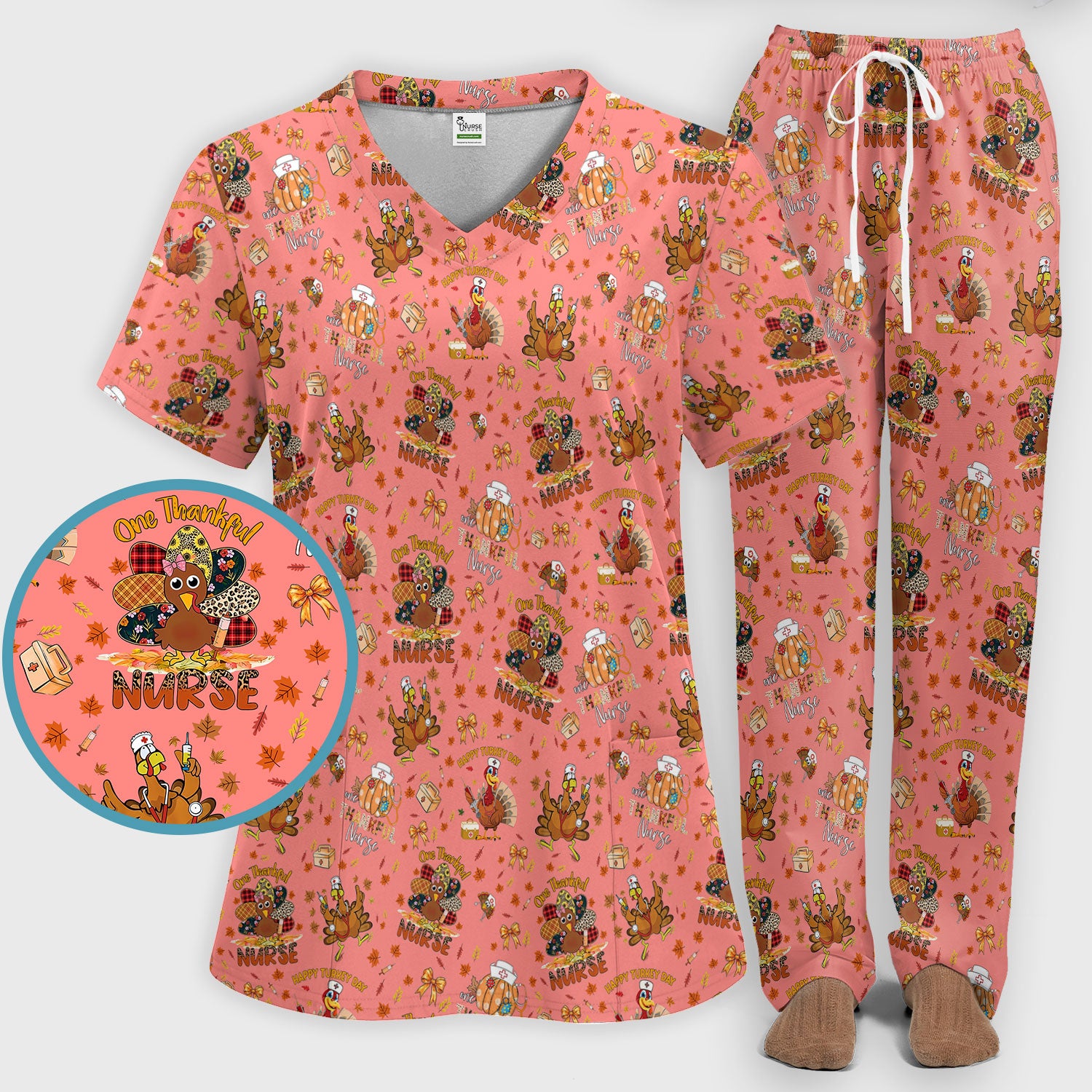 Thanksgiving Scrub Set for Women - Turkey Pumpkin Scrub Top and Pants for Nurses - Fall Med Uniform for RN CNA LPN