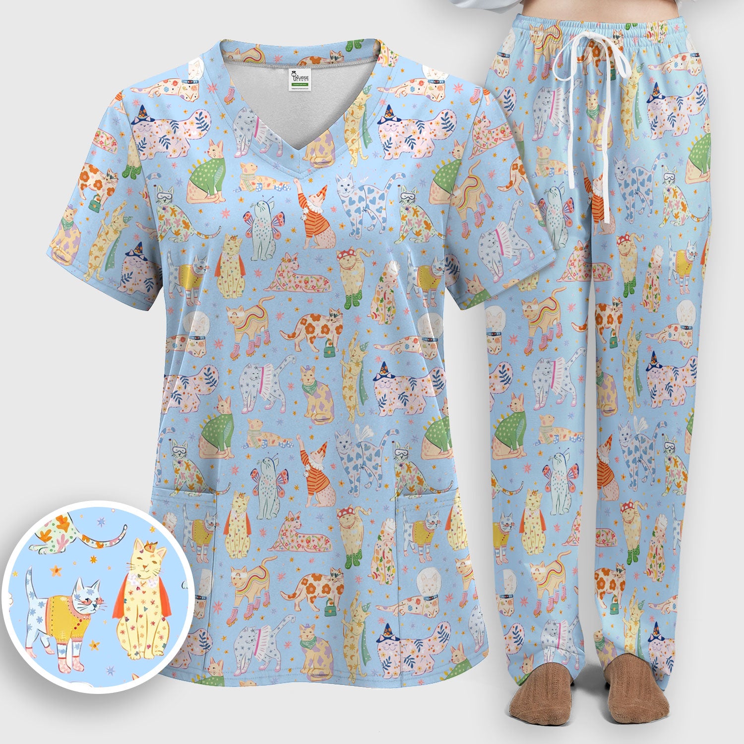 Colorful Pastel Cartoon Cats Print Scrub Set, Breathable Med Uniform