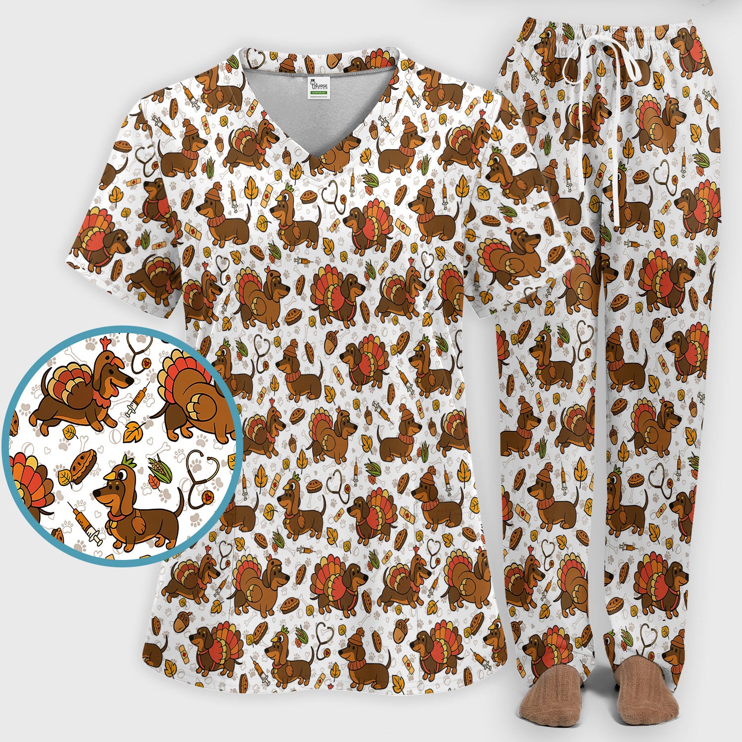 Thanksgiving Dachshund Scrubs Set - Cute Dog Turkey Medical Uniform for Nurses - Funny Holiday Gift for RN CNA LPN