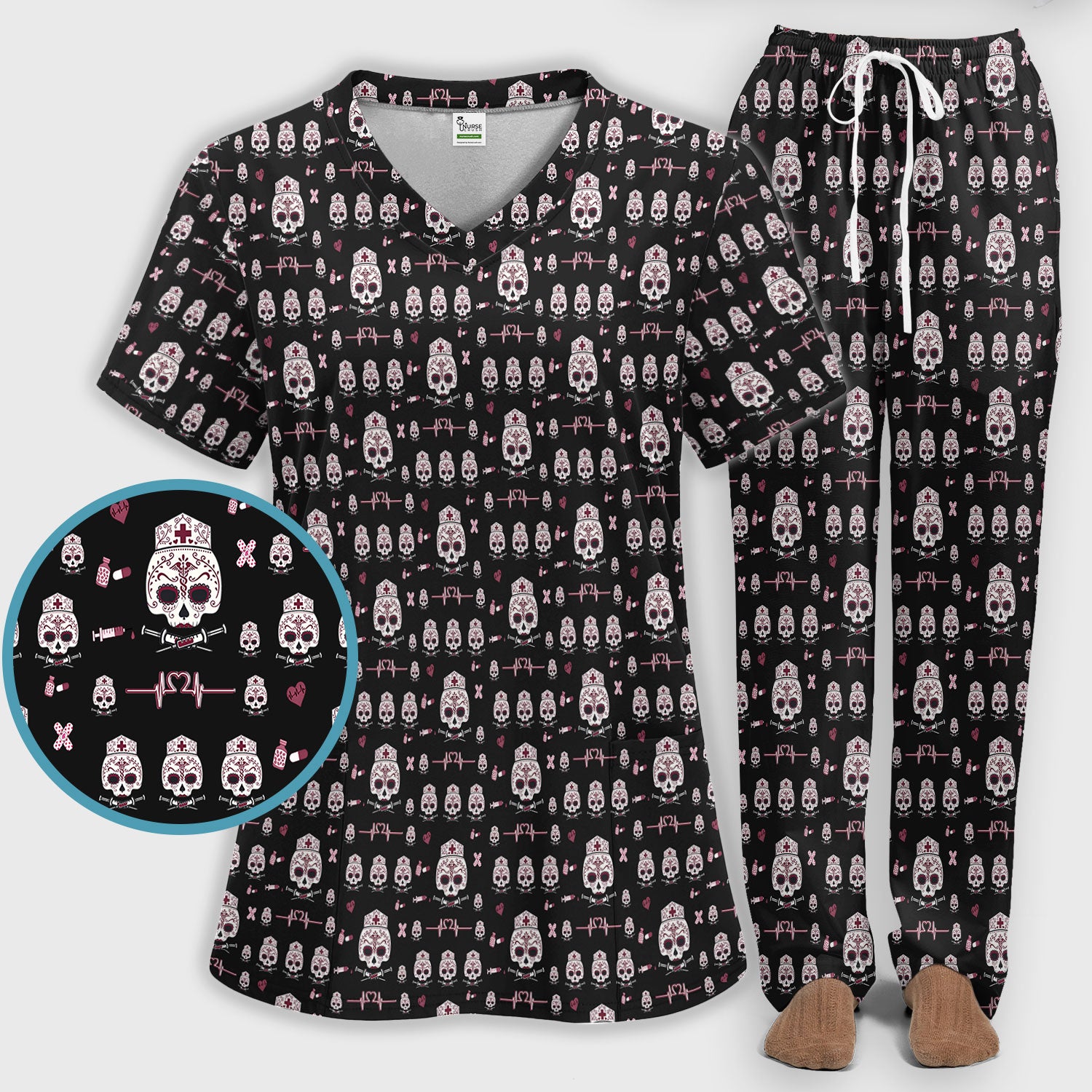Sugar Skull Scrub Set, Skull Pattern Scrub Shirt, Breathable Fabrics Nursing Uniform