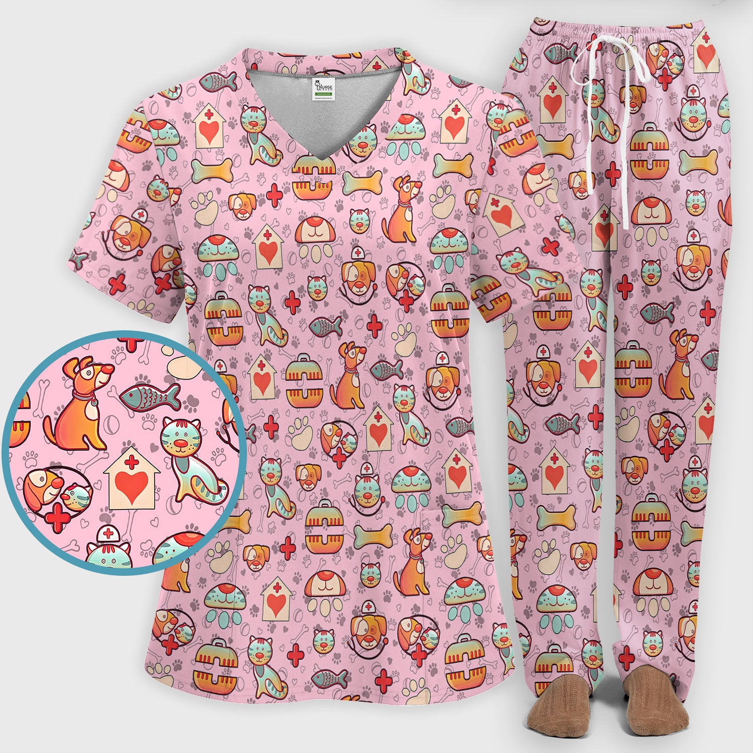 Veterinary Nurse Scrub Set - Cute Cat Dog Paw Scrubs Pants and V Neck Top - Funny Animal Vet Tech Uniform for Women