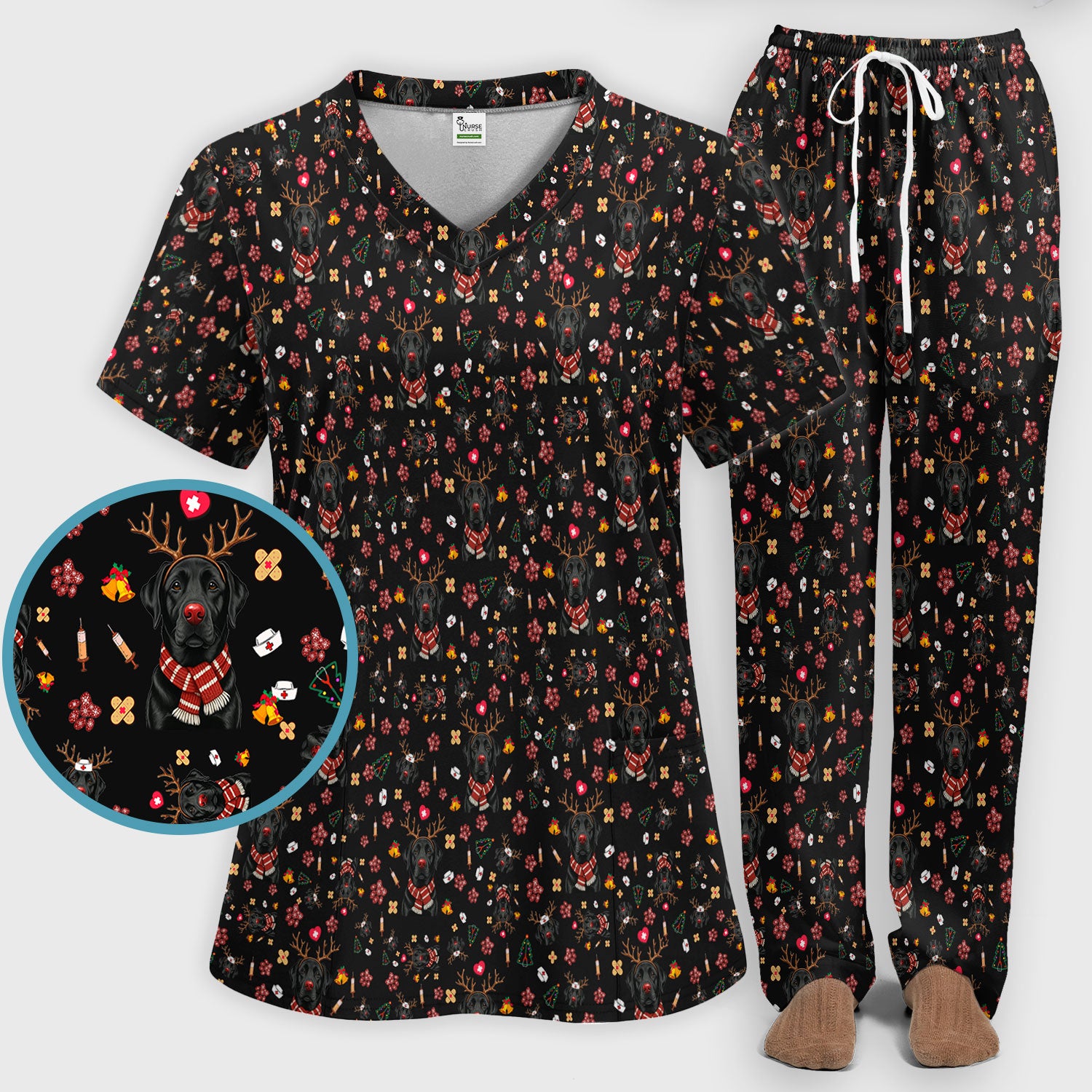 Funny Black Lab Reindeer Scrub Set - Christmas Dog Nurse Pants and V Neck Top - Cute Holiday Medical Uniform