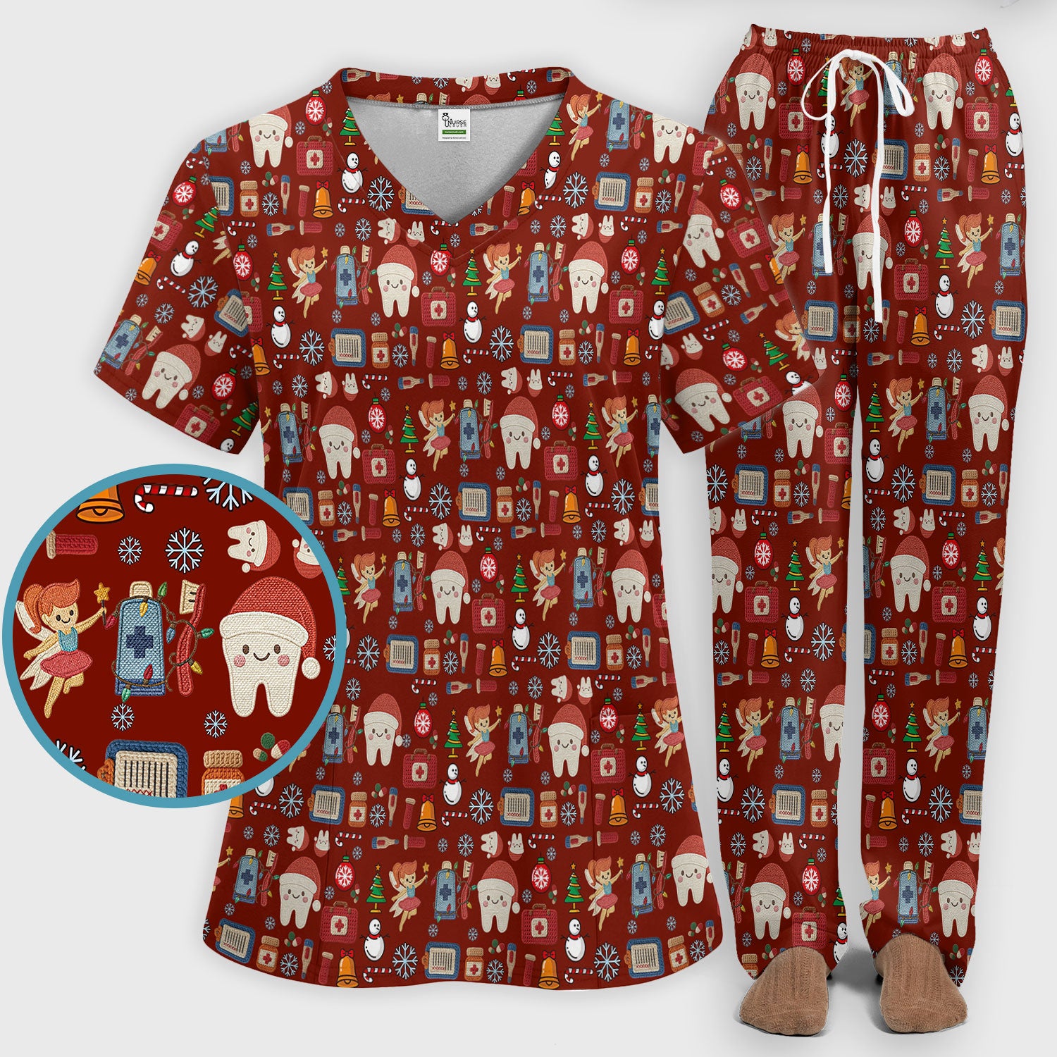 Christmas Dental Scrub Set - Cute Santa Tooth & Snowman Scrubs Pants and V Neck Top - Funny Holiday Gift for Dentists, Hygienists