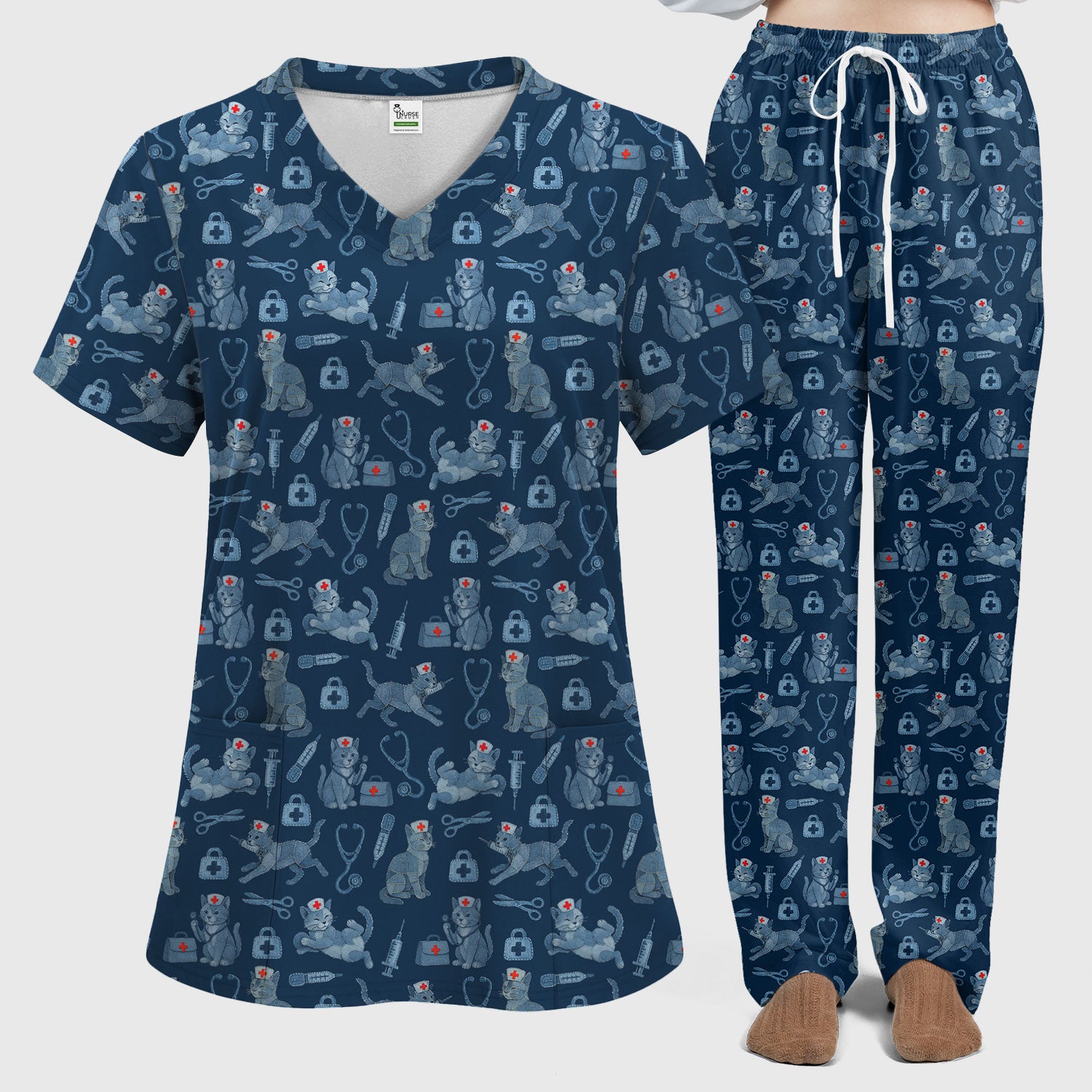 Cute Cat Scrubs for Women - Funny Kitty Pattern Scrub Top & Pants - Playful Nurse Scrubs with Charming Cat Print for Healthcare Workers