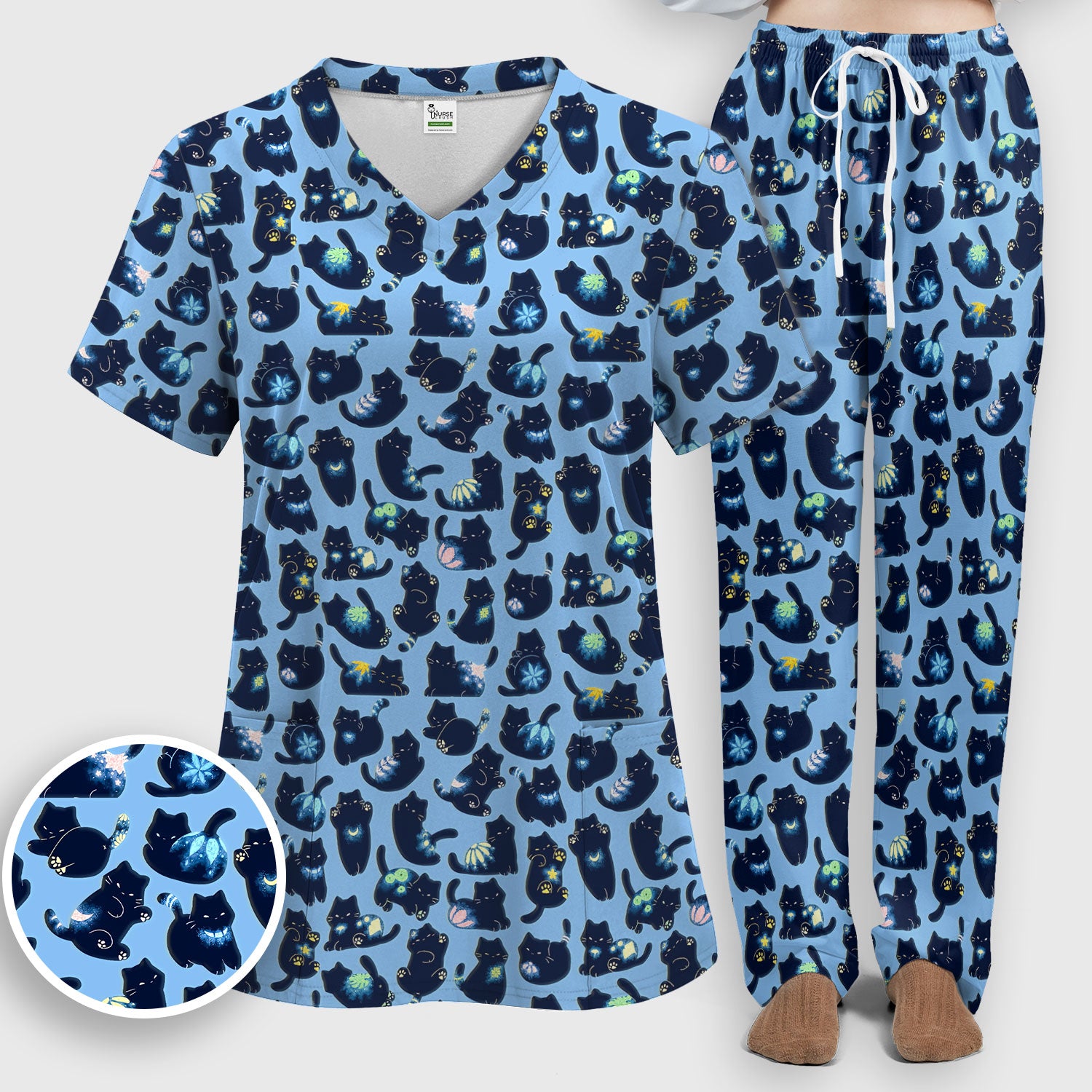 Midnight Cat Scrub Set, Black Cat Pattern Nurse Shirt, Breathable Fabrics Nursing Uniform