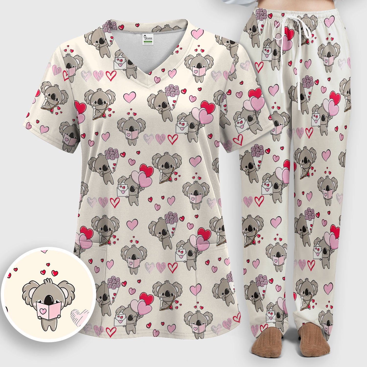 Valentine Koala Holding Flowers Cute Print Scrub, Women's Scrub Sets