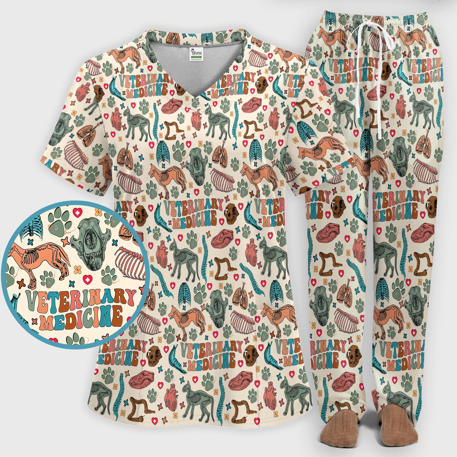 Veterinary Medicine Scrub Set - Cute Animal Anatomy Scrubs Pants and V Neck Top - Fun Vet Tech Nurse Uniform for Women