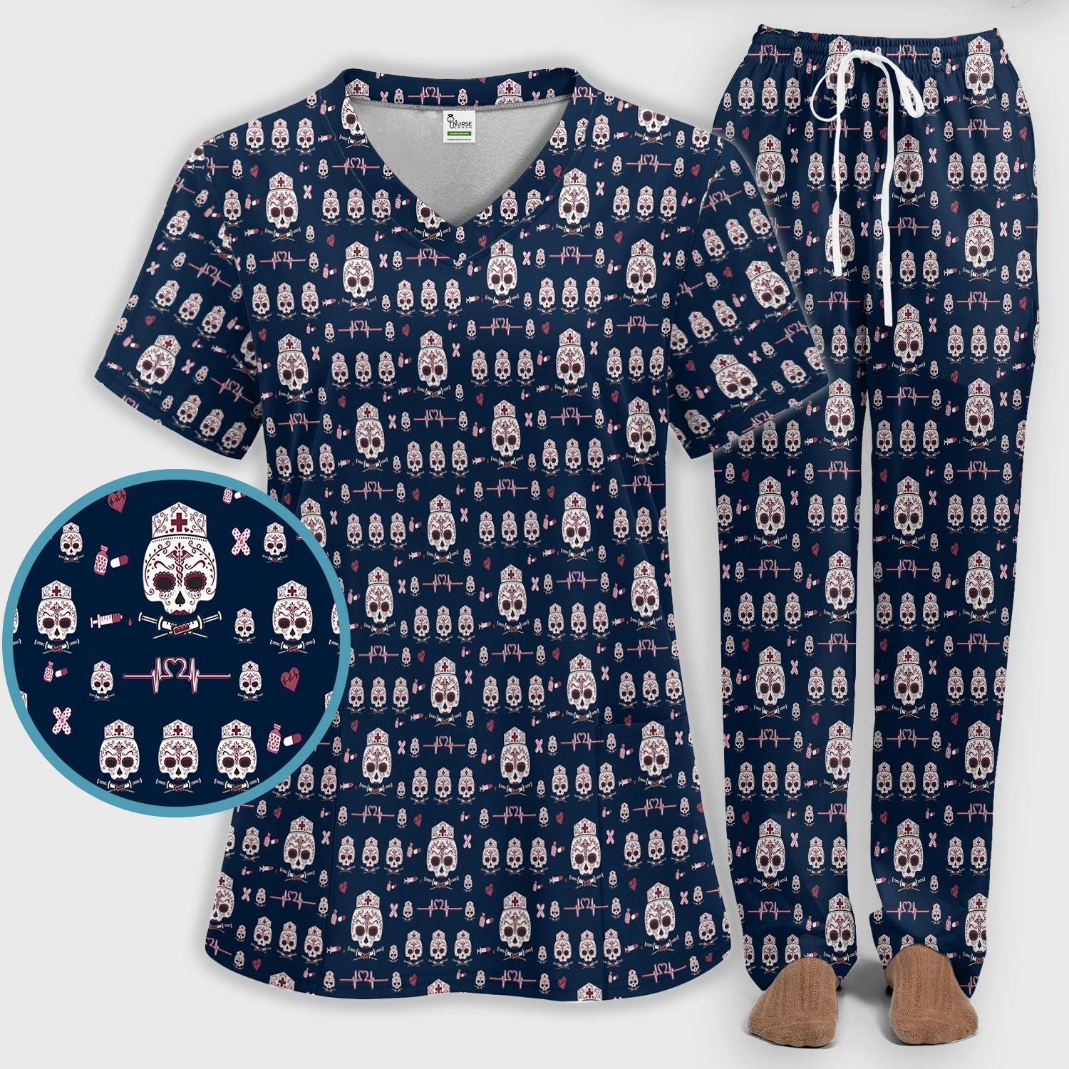 Sugar Skull Scrub Set, Skull Pattern Scrub Shirt, Breathable Fabrics Nursing Uniform
