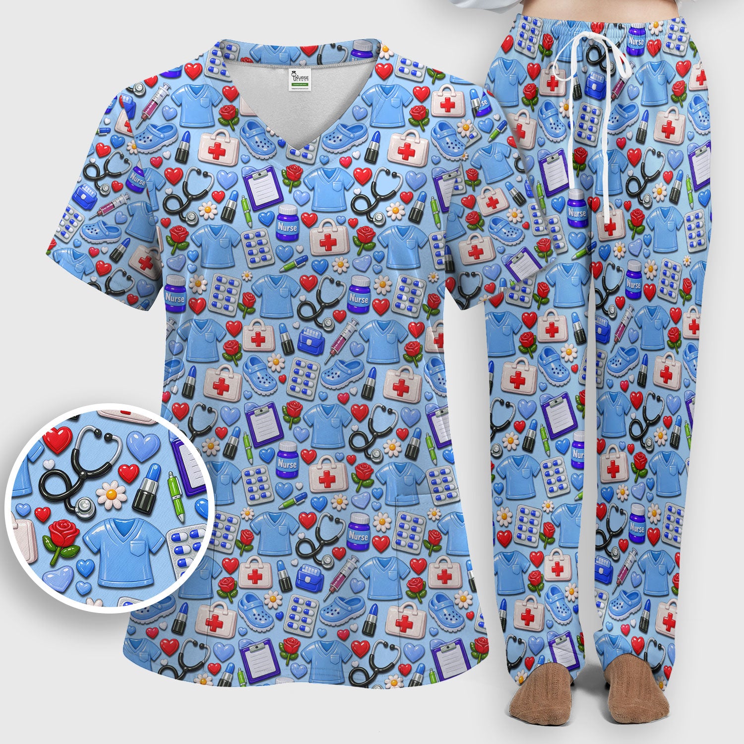 Medical Icons Scrub Set, Cute Pattern Nurse Shirt, Breathable Fabrics Nursing Uniform