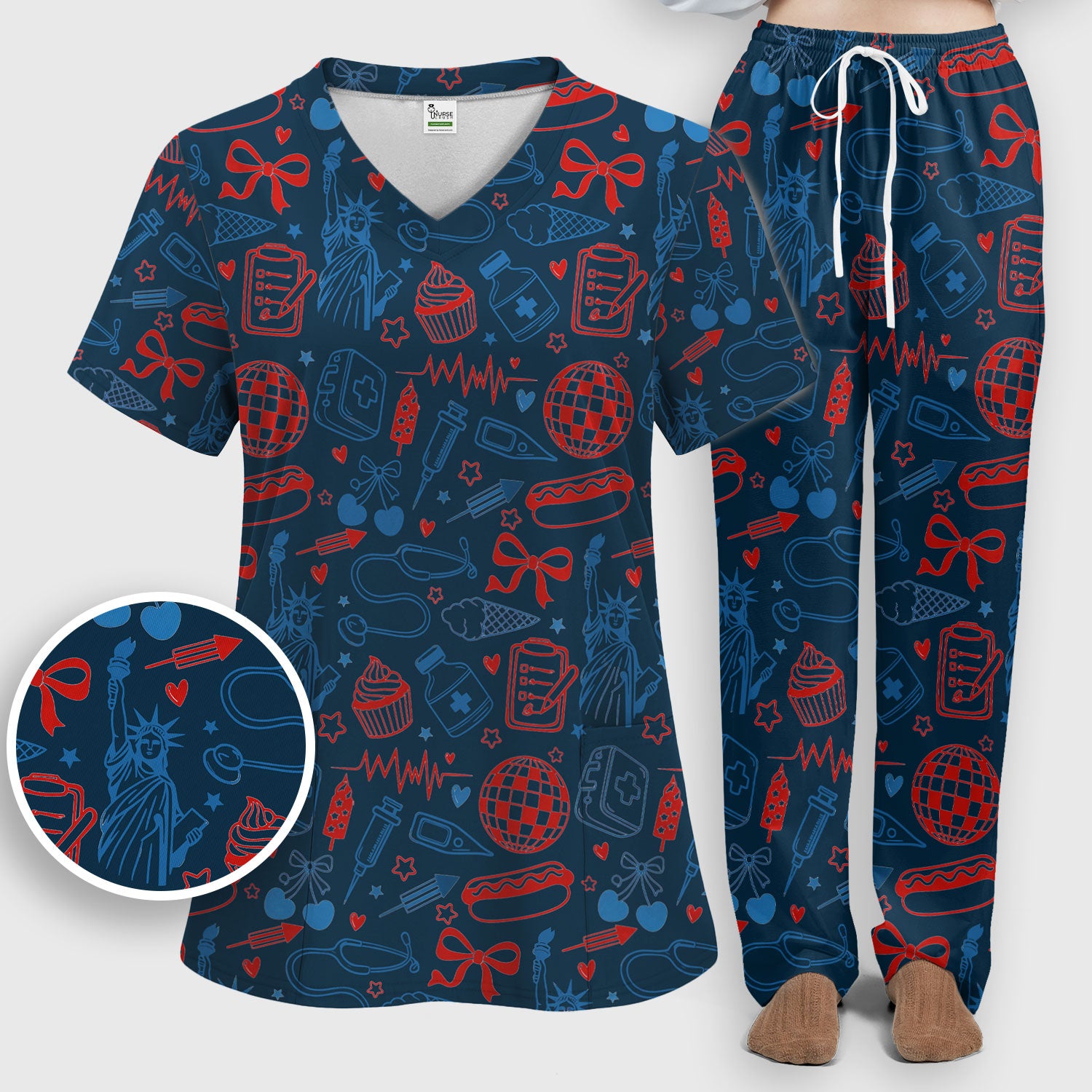 Patriotic Nurse Medical Icons Pattern Scrub Set, Scrub Pants and V Neck Top