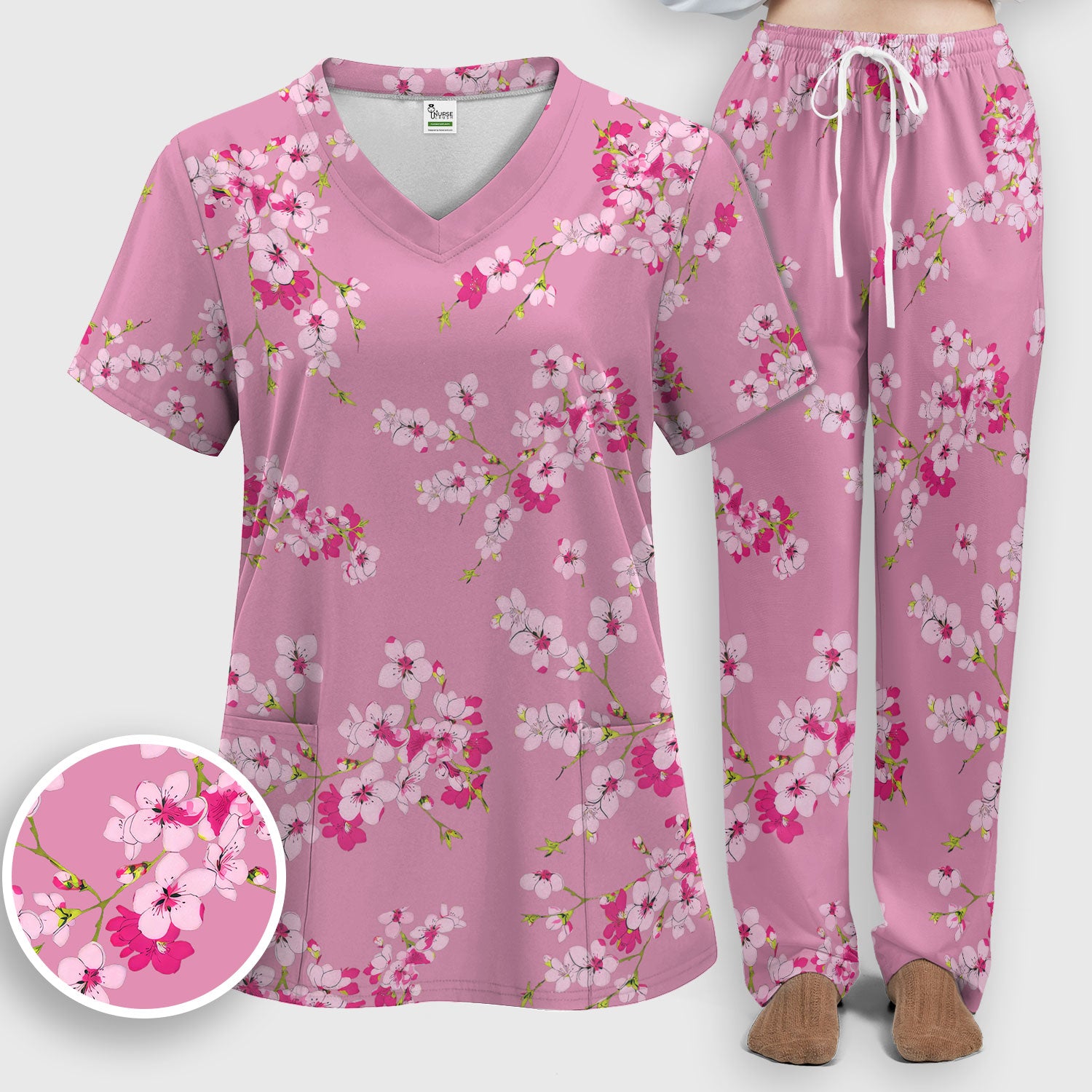 Elegant Cherry Blossom Floral Pattern Scrub Set , Breathable Med Uniform