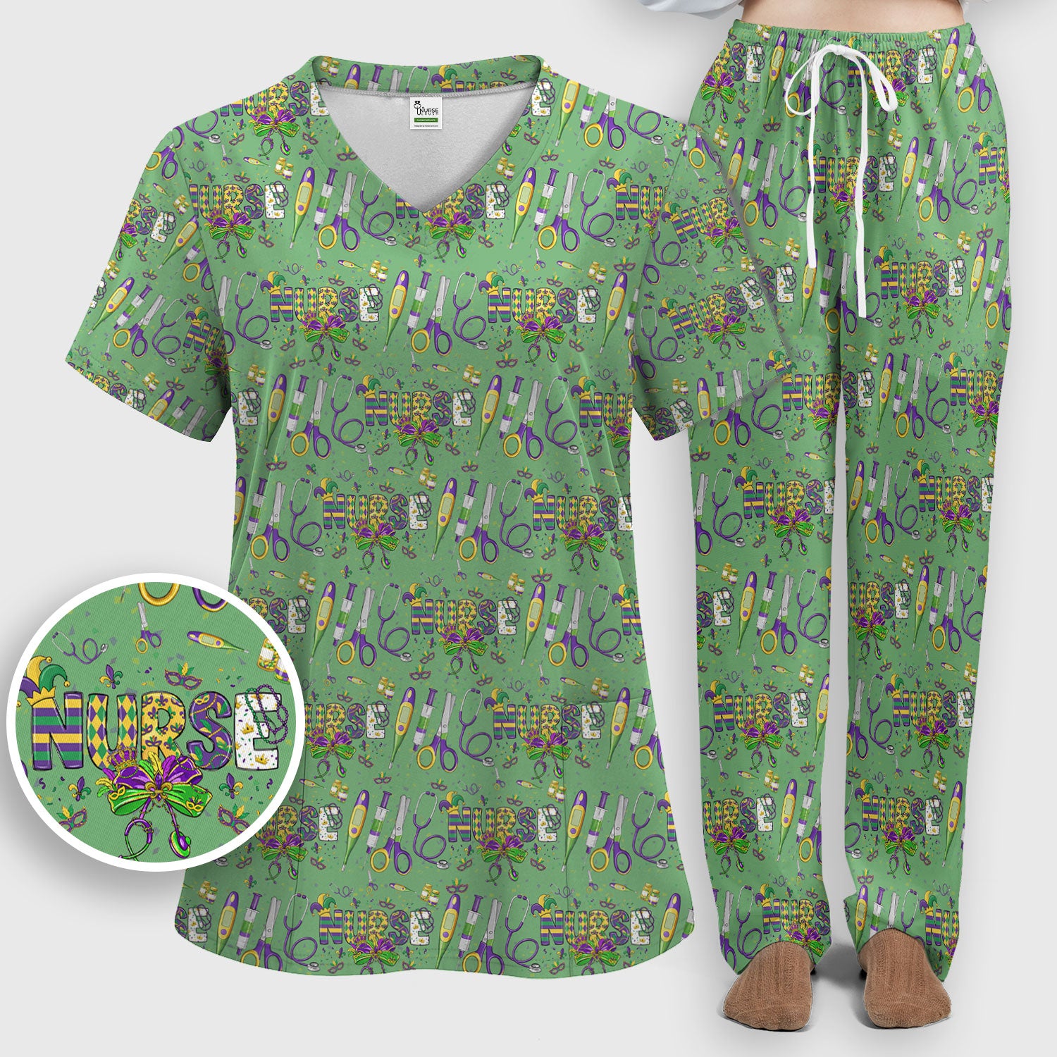 Mardi Gras Nurse Scrub Set, Holiday Medical Pattern Nurse Shirt, Breathable Fabrics Nursing Uniform