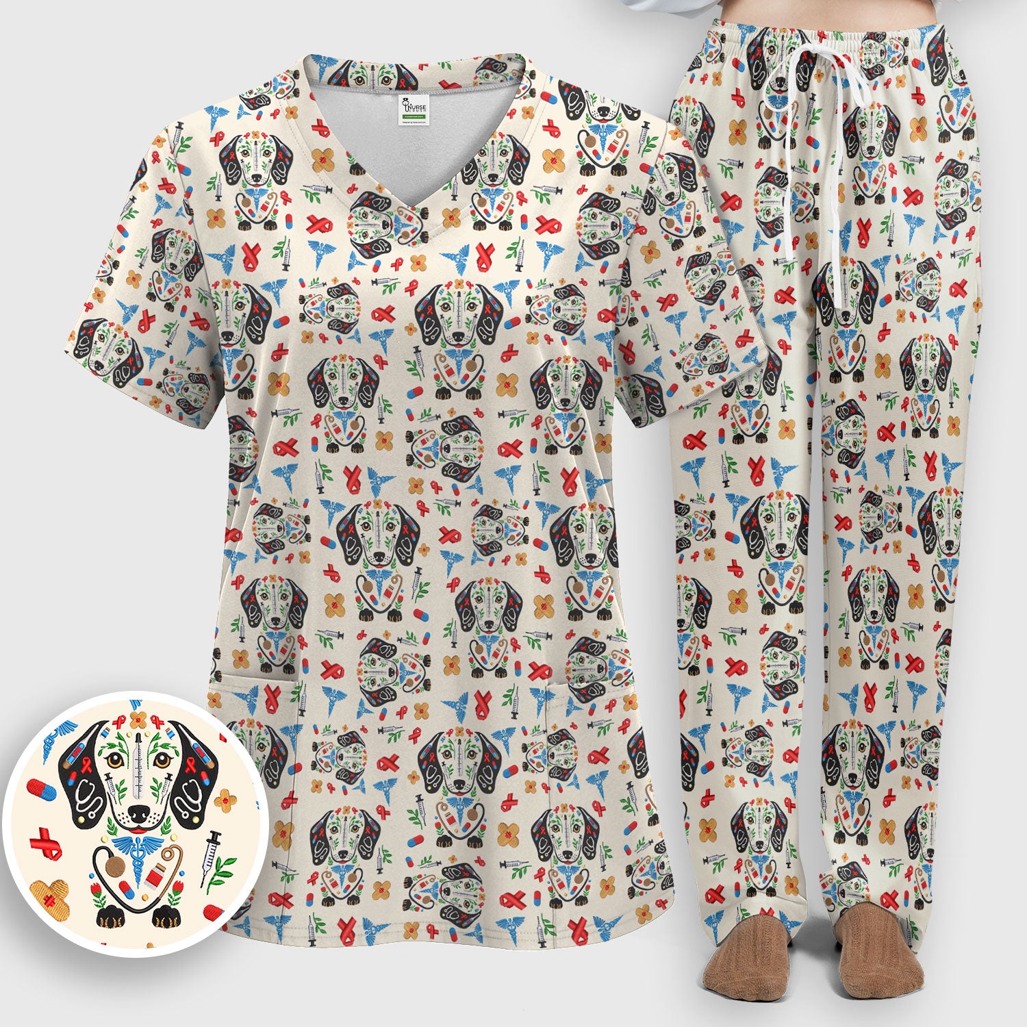 Dachshund Medical Icon Pattern Scrub Set, Women's Scrub Sets