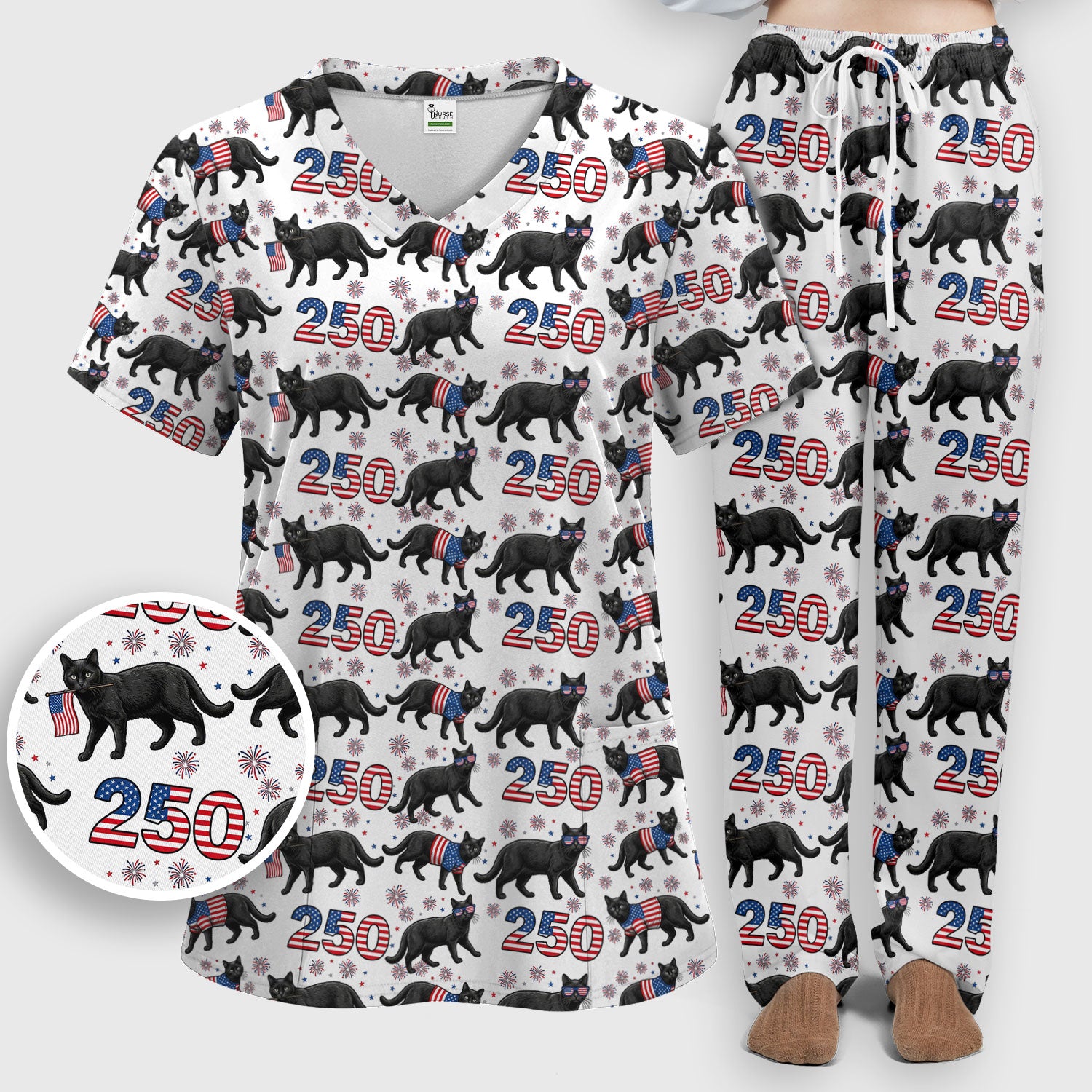 Black Cat 250 USA Flag Fireworks Pattern Scrub Sets, Scrub Pants and V Neck Top