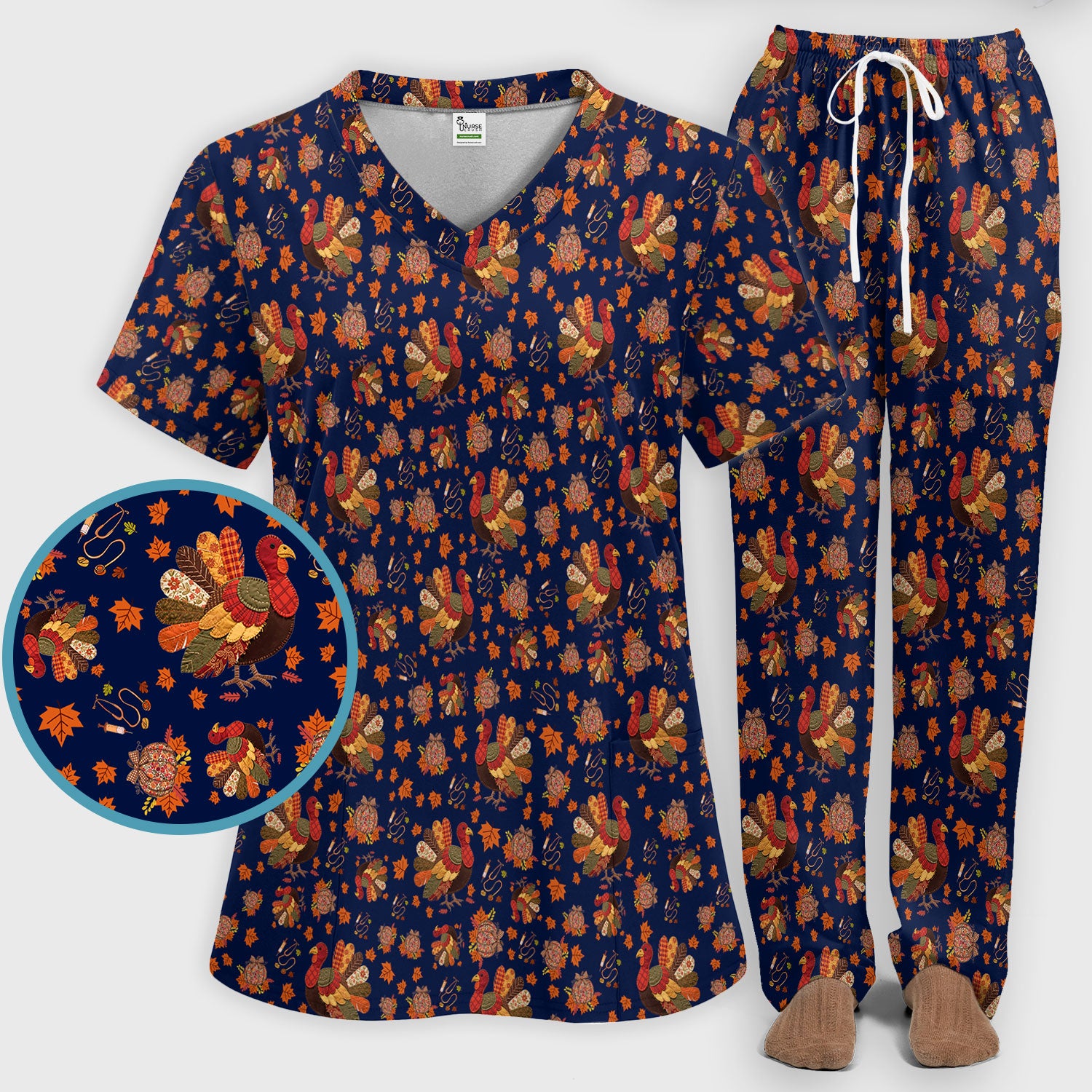 Fall Leaves Thanksgiving Women's Scrub Set - Comfortable Scrub Pants and V Neck Top - Funny Turkey Nursing Uniform